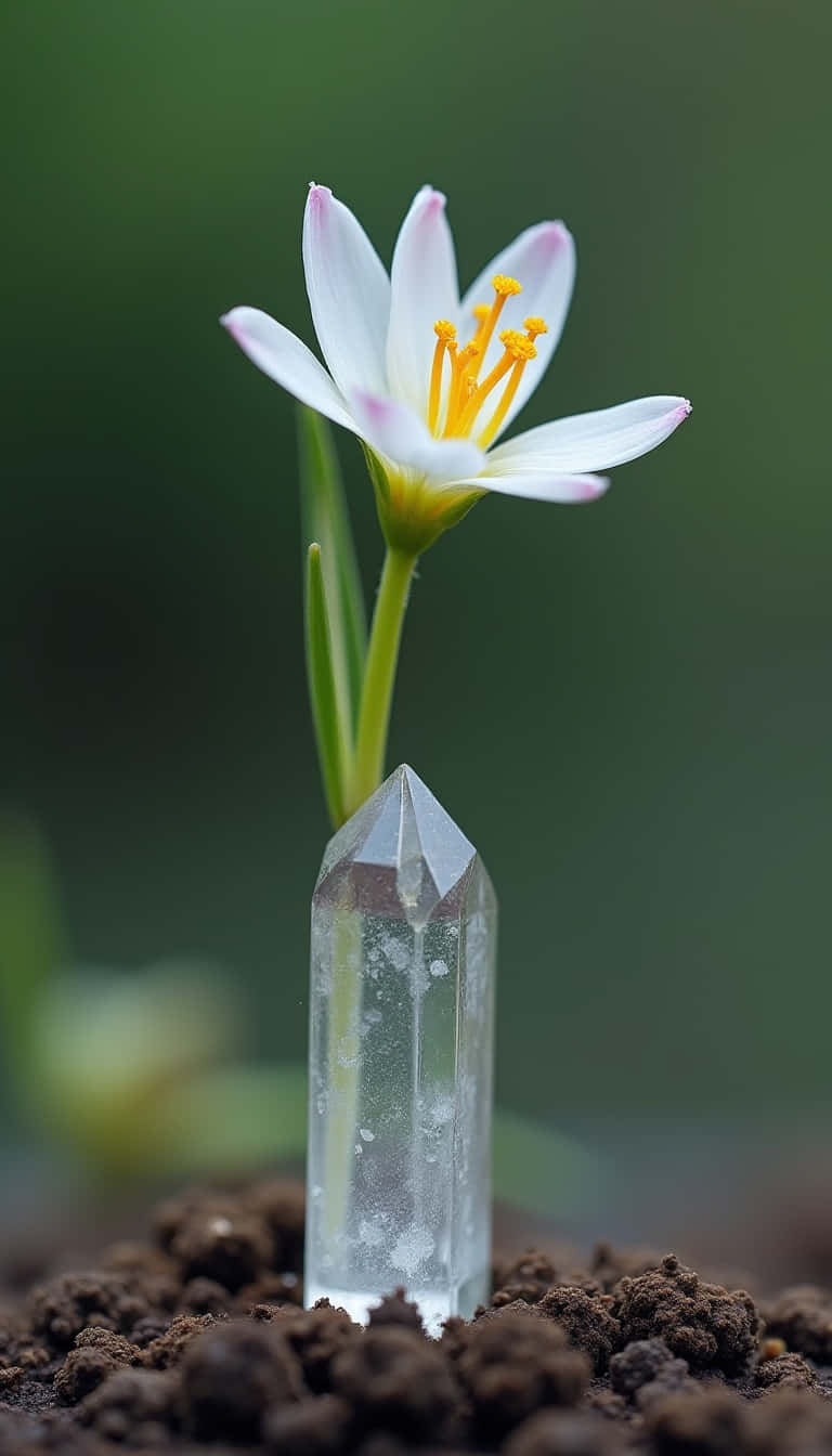 一朵帶有粉紅色邊緣和黃色中心的小白花，生長在清澈水晶旁邊的土壤中。