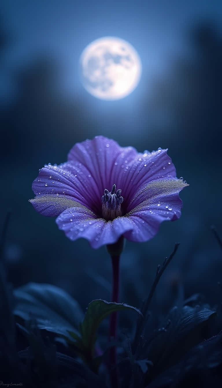 紫色花朵在滿月下夜晚閃爍露珠