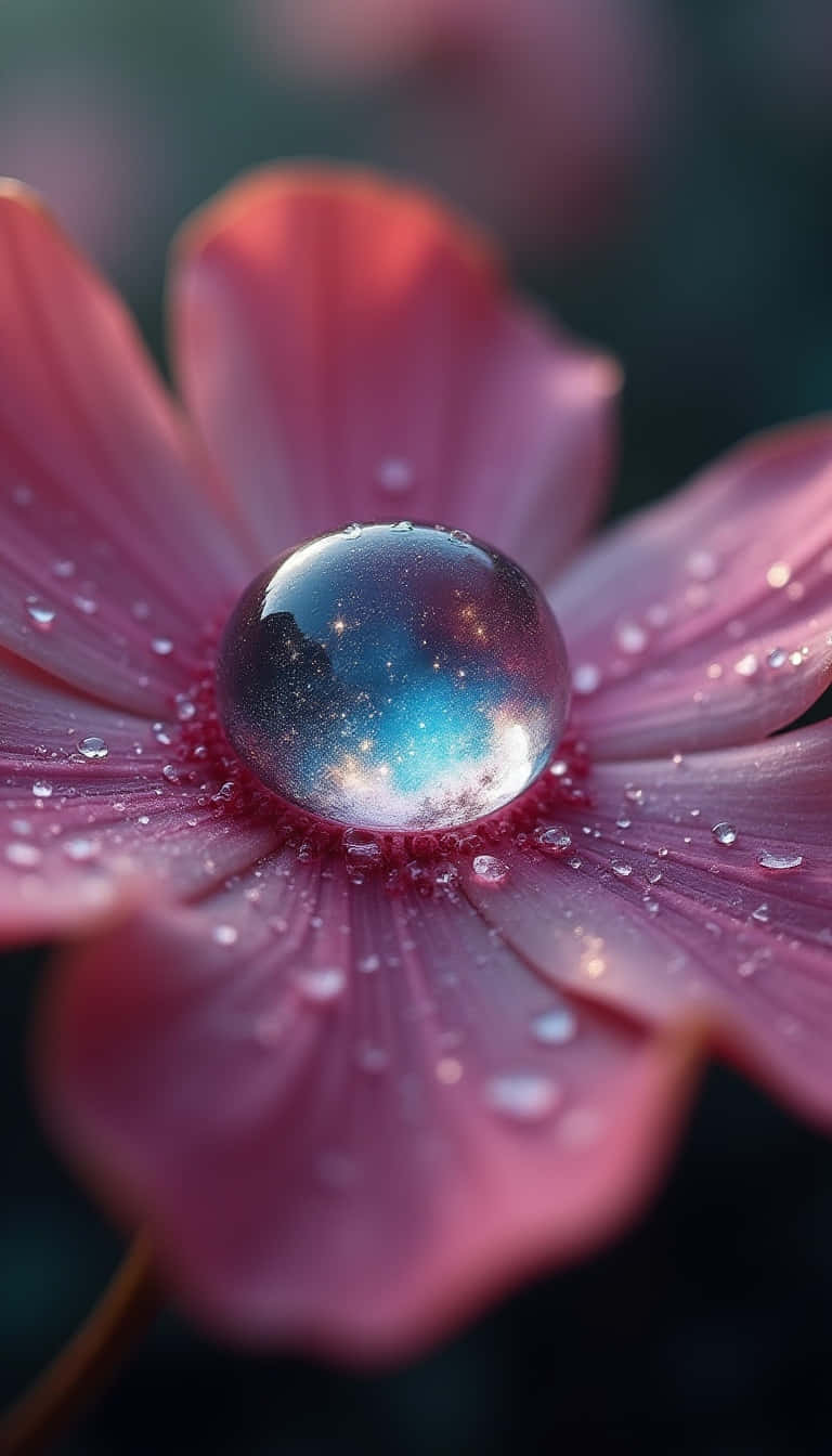 帶有露珠的粉紅花瓣，反射出色彩繽紛的星系