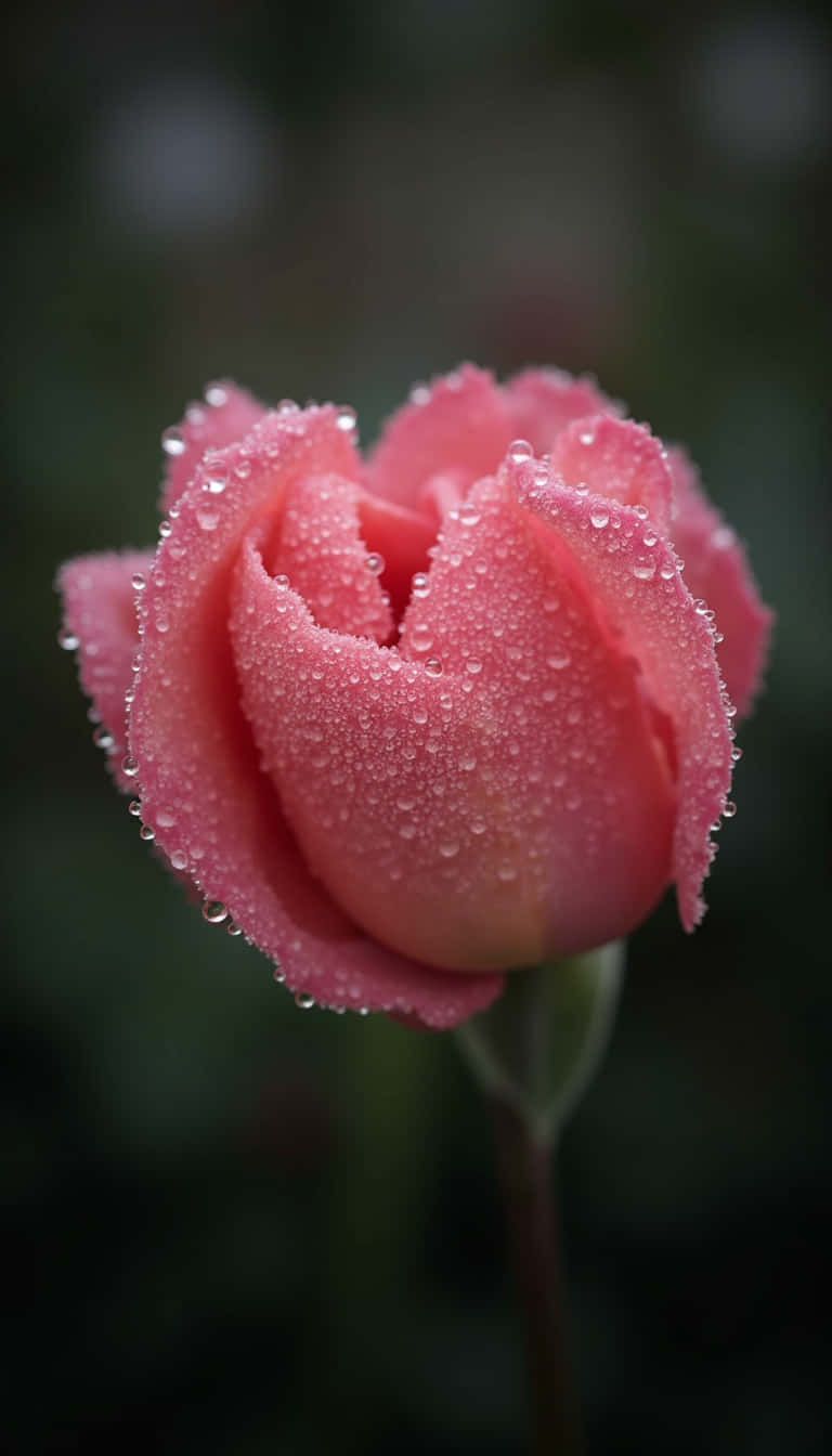 花 壁紙 — 一朵精緻的粉紅玫瑰花蕾在柔和模糊的綠色背景上閃爍著露珠。