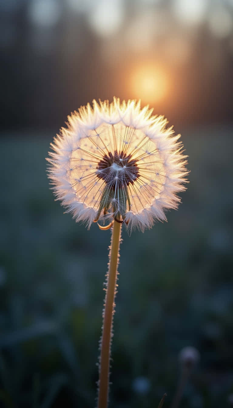 花 壁紙 — 蒲公英種子頭在溫暖的夕陽逆光下發光，背景是柔和模糊的田野。