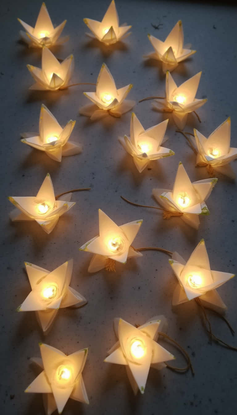 花 壁紙 — 十二盞發光的星形紙燈籠在帶紋理的灰色表面上投射出溫暖的光芒。