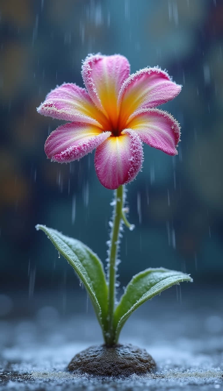 花 壁紙 — 一朵帶有霜凍邊緣的鮮豔粉黃色雞蛋花在雨中對著模糊的冷色背景頑強綻放。