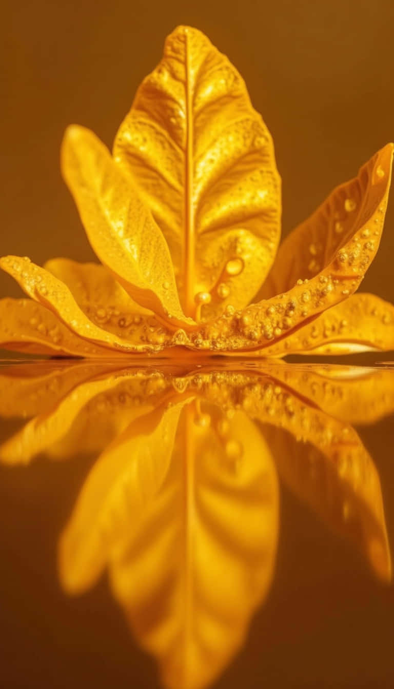 花 壁紙 — 一片帶有露珠的金色葉子漂浮在水面上，在溫暖的燈光下形成完美的鏡面倒影。