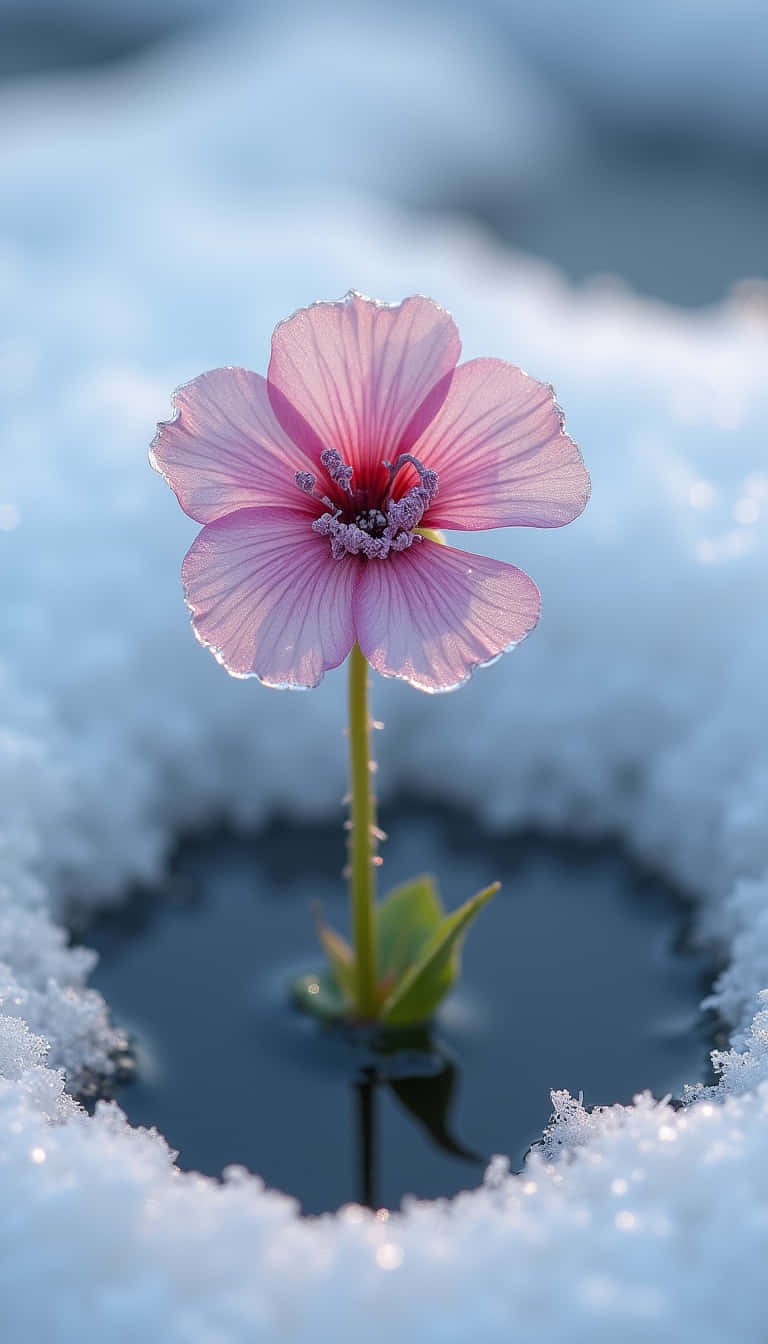 花 壁紙 — 一朵精緻的粉紅色花朵從被純淨雪包圍的黑暗水池中 defiantly 綻放。