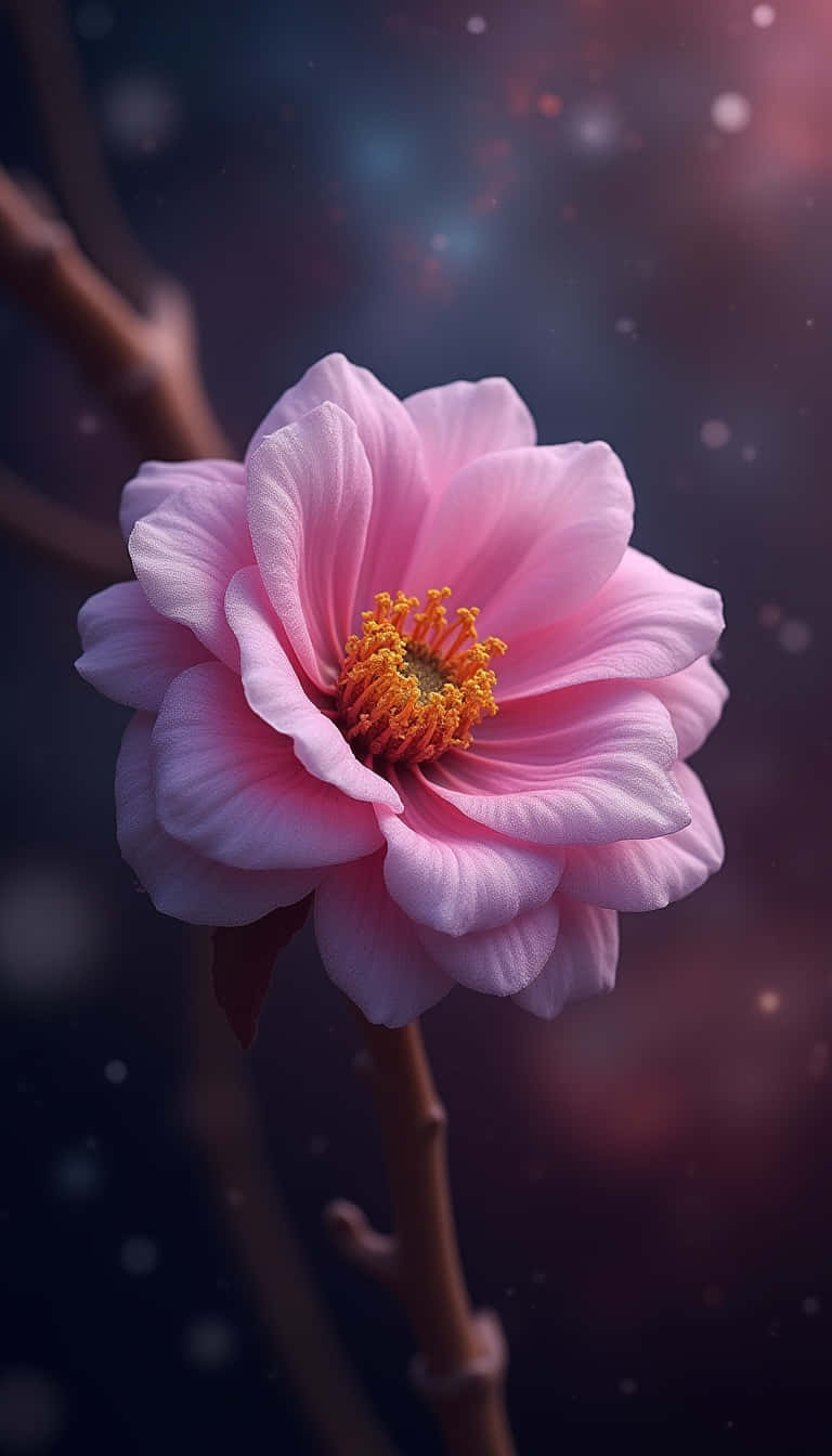 一朵帶有金色雄蕊的粉紅色花朵，在佈滿星光的宇宙背景下與浮游粒子一同綻放。