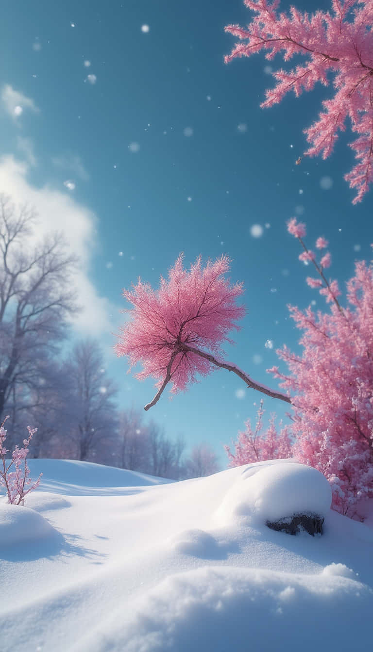 花 壁紙 — 白雪覆蓋地面，襯托著鮮豔的粉紅色開花樹木，背景是晴朗的藍天和飄落的雪花。