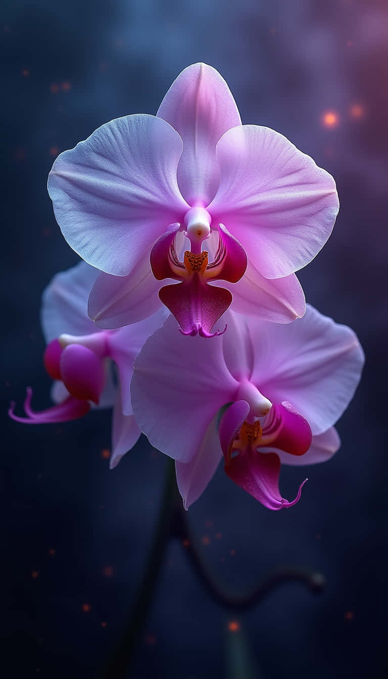 花 壁紙 — 一朵精緻的粉紅色蘭花在黑暗神秘的背景下綻放，帶有發光粒子。
