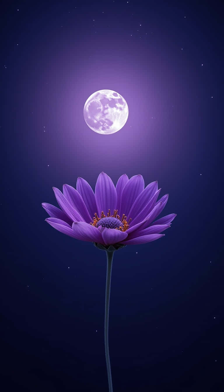 滿月下的紫色花朵，星空夜空