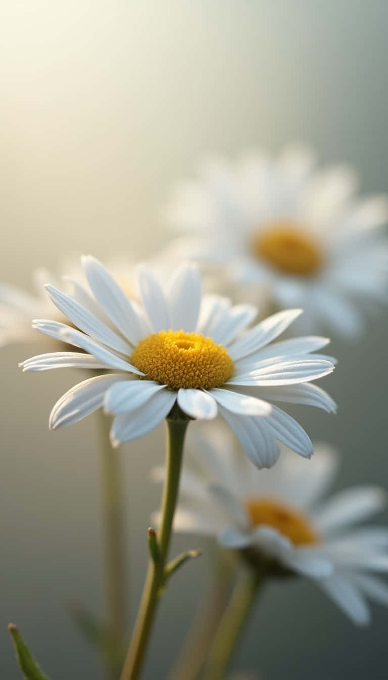 一朵白色花瓣、黃色花心的雛菊沐浴在柔和的陽光中。