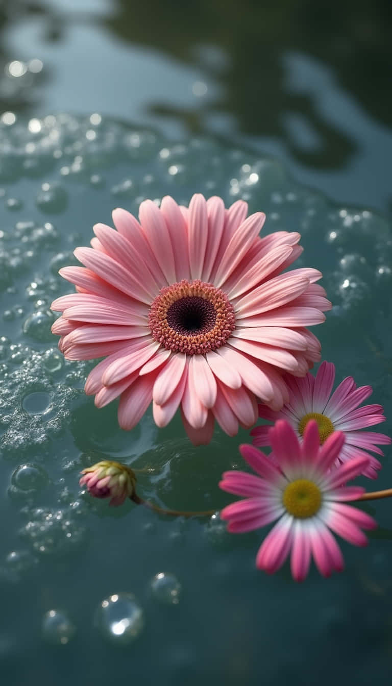 花 壁紙 — 一朵精緻的粉紅色雛菊寧靜地漂浮在冒泡的藍綠色水上，旁邊有一朵較小的粉紅色花。