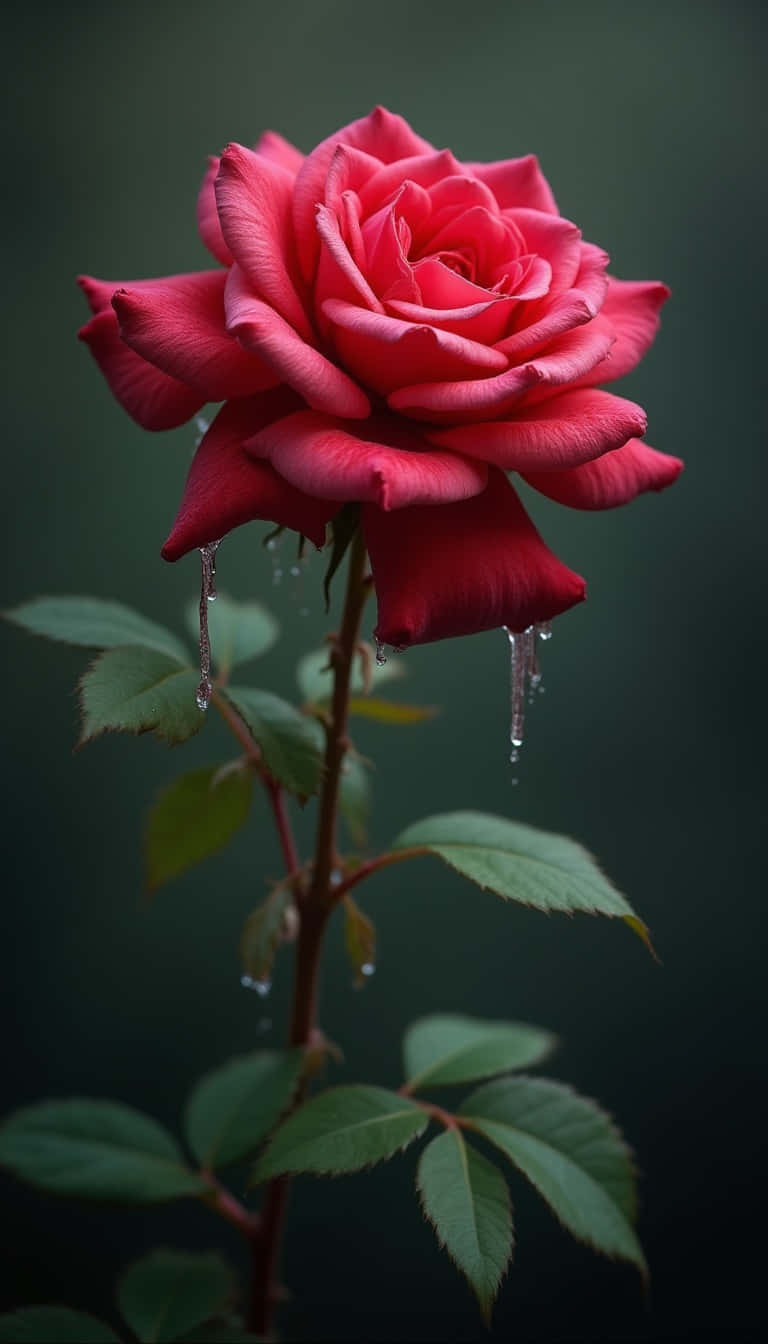 一朵紅玫瑰，花瓣和莖上有水滴。