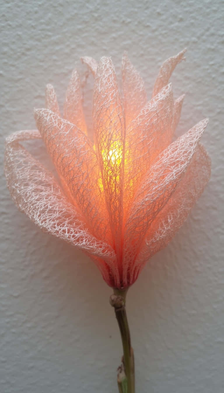 一個發光的蜜桃色蕾絲花燈安裝在牆上。