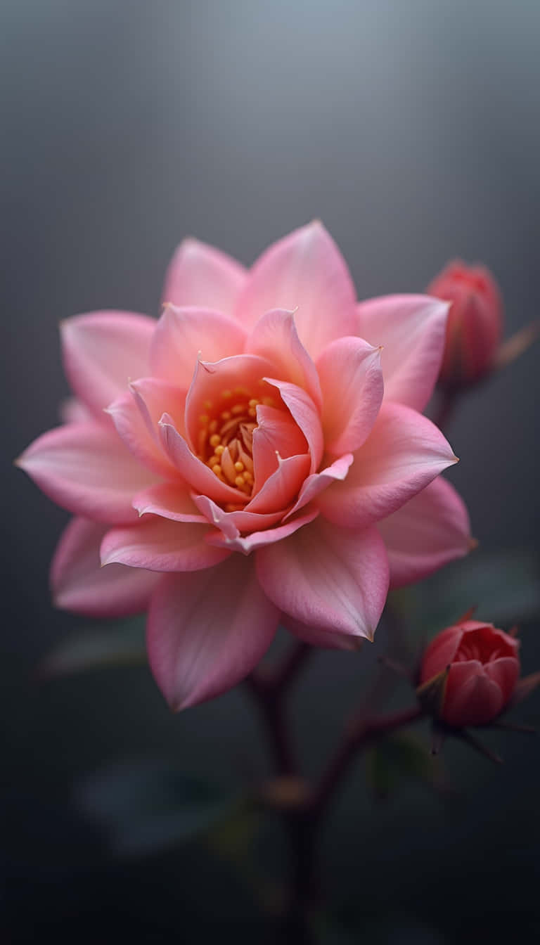 花 壁紙 — 一朵柔和的粉紅玫瑰盛開，帶有精緻的花瓣和金色的雄蕊，背景是模糊的深色。