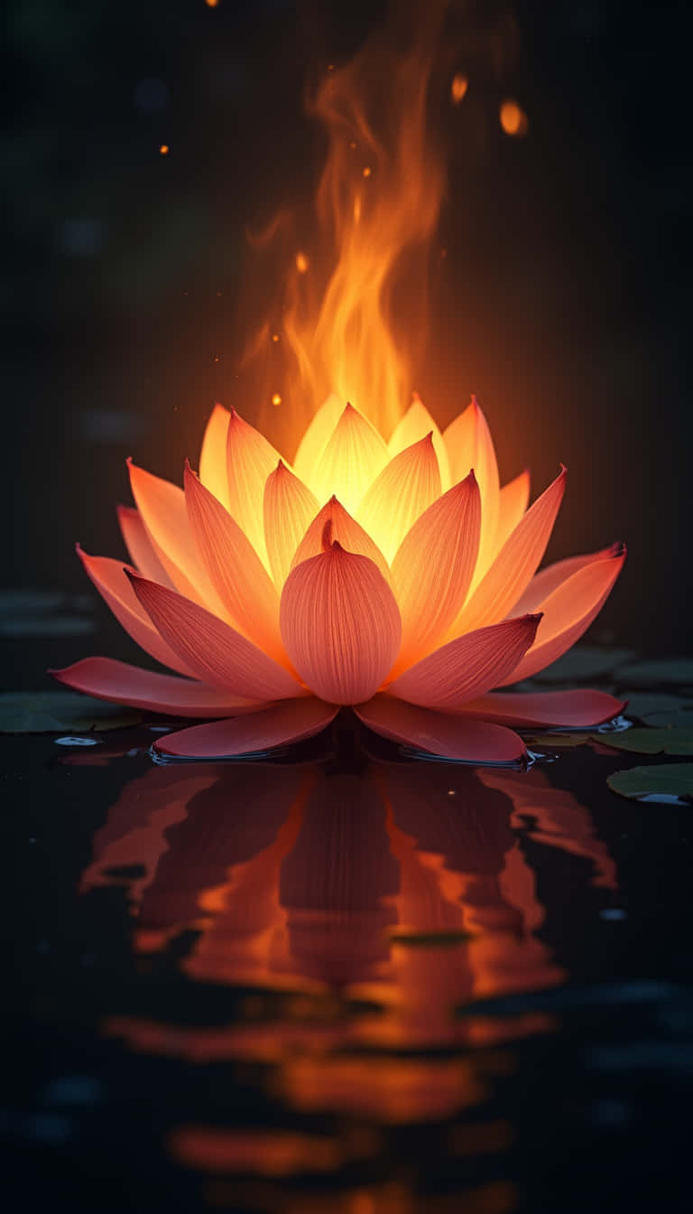 花 壁紙 — 一朵發光的蓮花漂浮在黑暗的水面上，火焰從其中心升起，投射出溫暖的倒影。