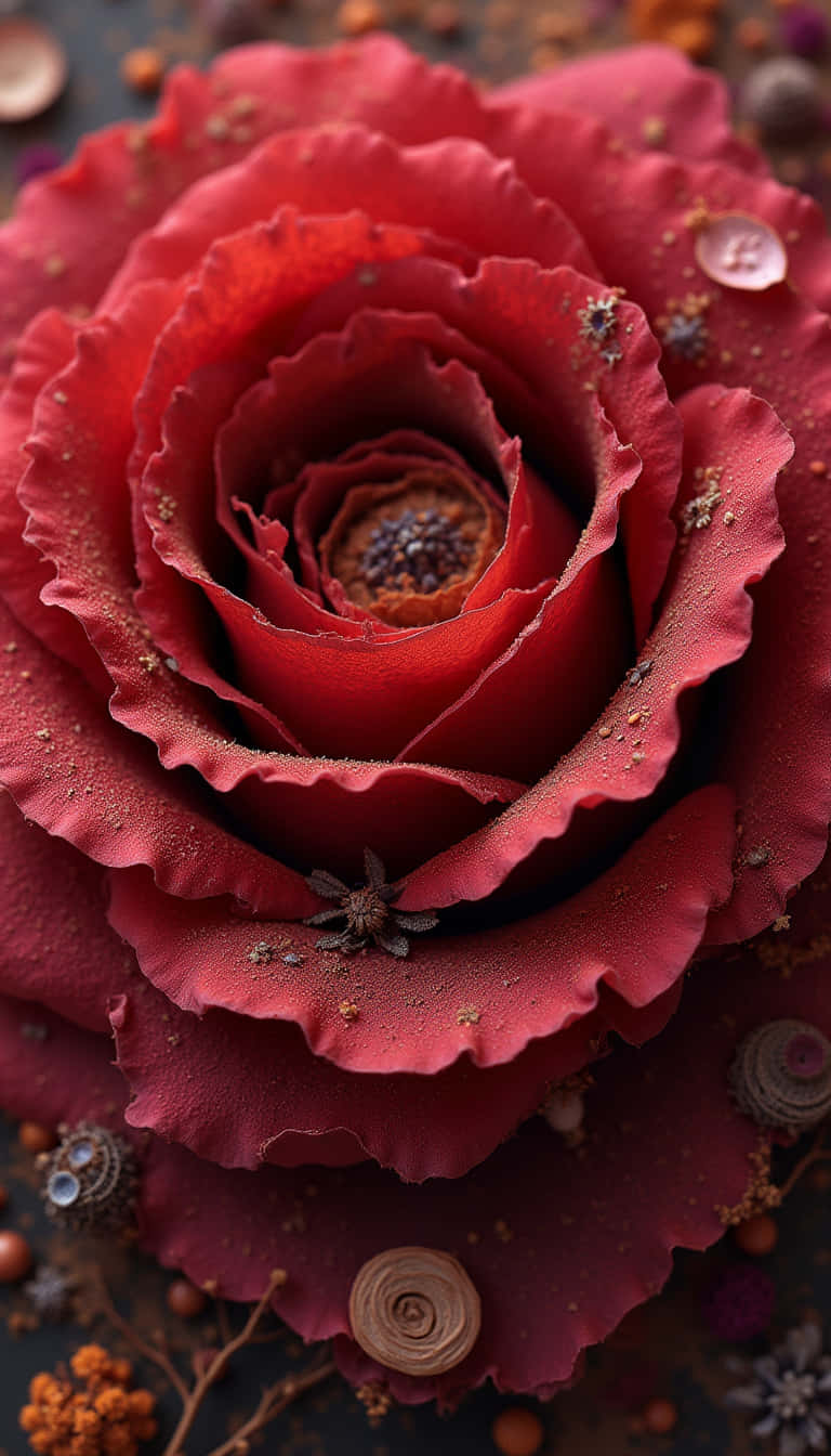 花 壁紙 — 深紅玫瑰嘅特寫，複雜嘅花瓣上灑滿金色微粒，周圍環繞住乾燥嘅植物元素。