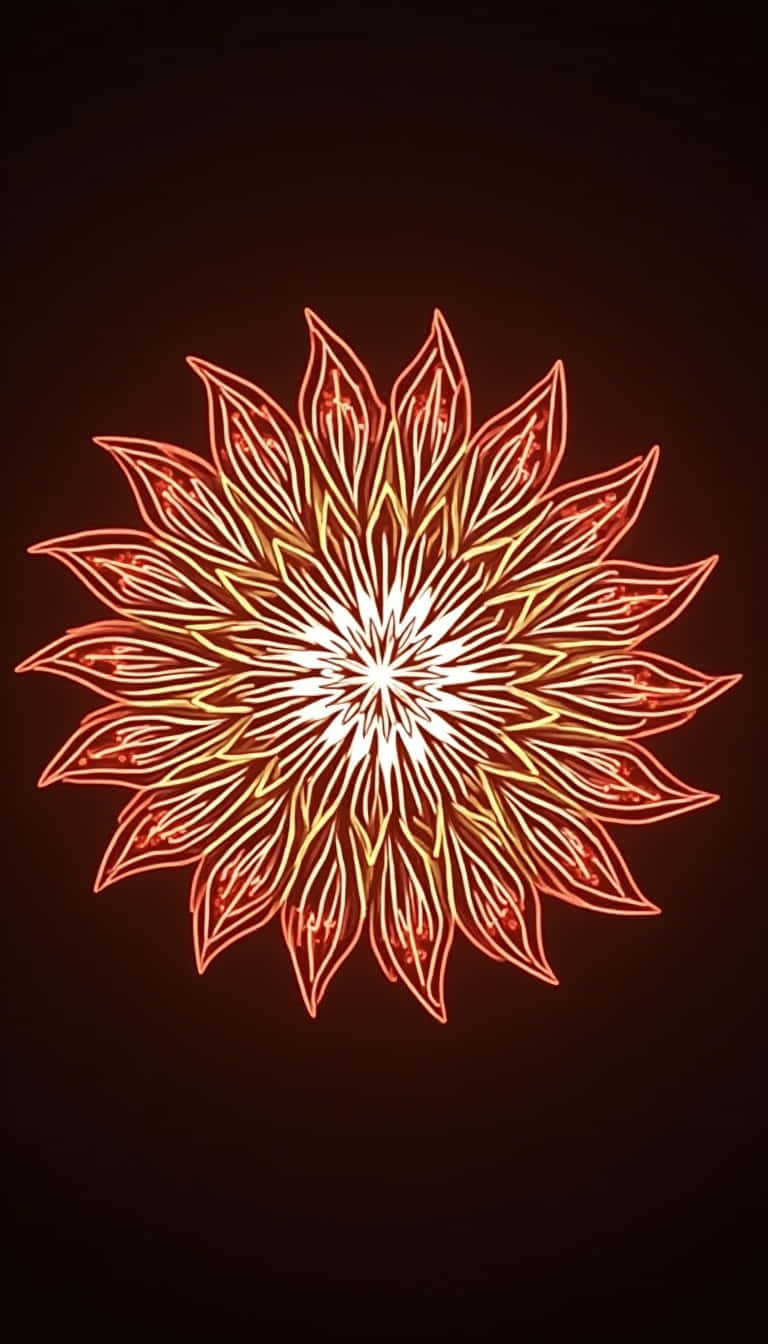 在黑暗背景上發光的橙黃色霓虹花曼陀羅