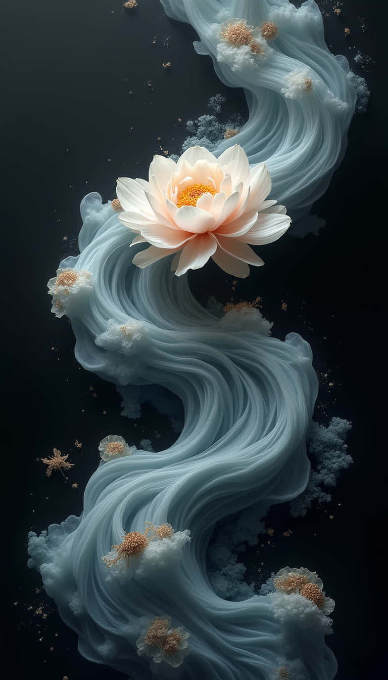 花 壁紙 — 一朵精緻的蜜桃蓮花在旋轉的空靈藍白雲朵上盛開，背景是黑暗的虛空。