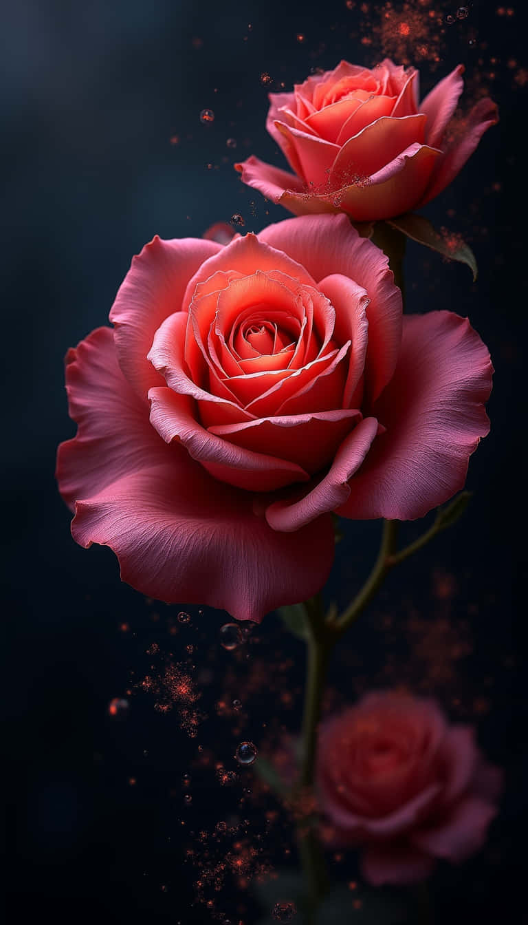 花 壁紙 — 兩朵充滿活力的粉紅玫瑰在黑暗背景下綻放，發光粒子環繞著它們精緻的花瓣旋轉。