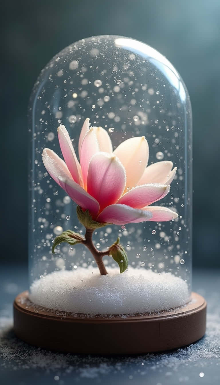 雪中的粉紅木蘭花，玻璃罩內有飄落的雪花
