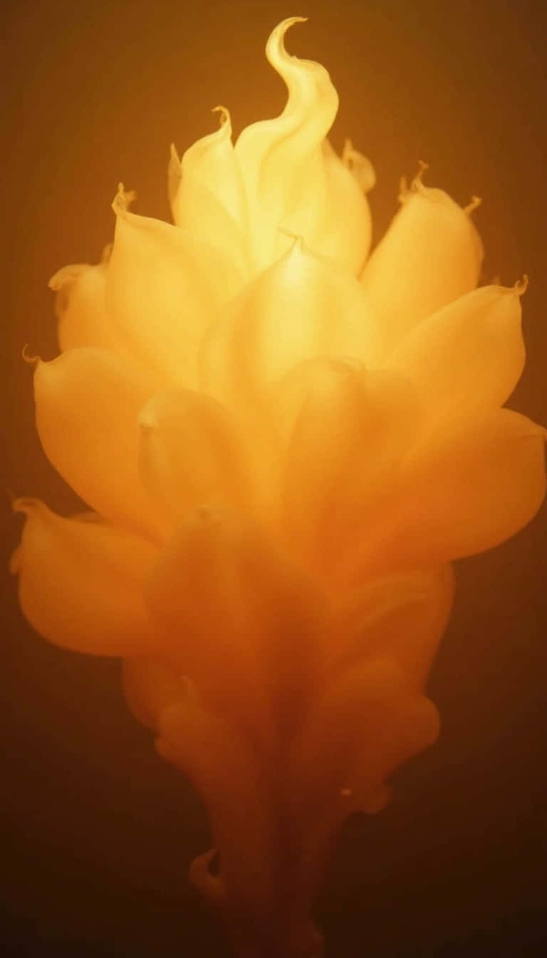 一朵發光的金色花朵，帶有半透明花瓣，在深琥珀色背景上。
