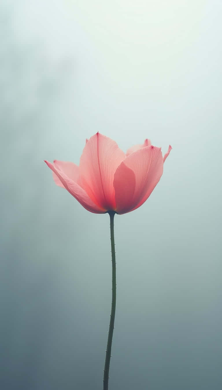一朵粉紅色的罌粟花在霧濛濛的灰色田野中高高聳立。