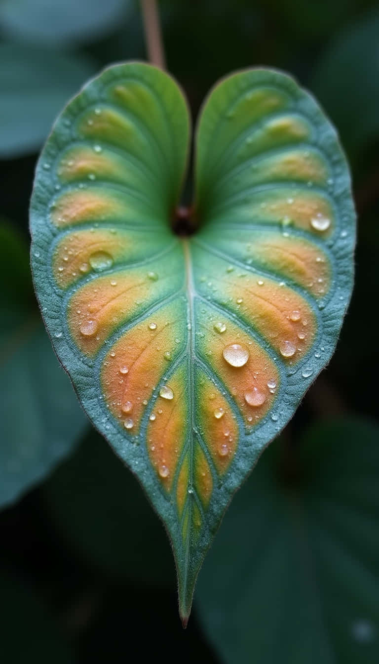 花 壁紙 — 一片心形葉子帶有綠色和橙色色調，在黑暗模糊的樹葉背景上閃爍著露珠。