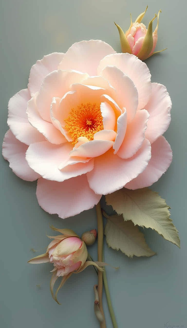 花 壁紙 — 一朵精緻的蜜桃玫瑰盛開，帶有金色雄蕊和兩個花蕾，背景為柔和的青綠色。