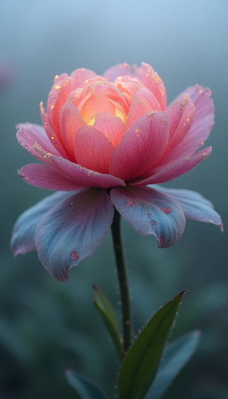 花 壁紙 — 一朵發光的粉紅色花朵，帶有露珠和金色閃光，在柔和的藍色模糊背景下散發溫暖。