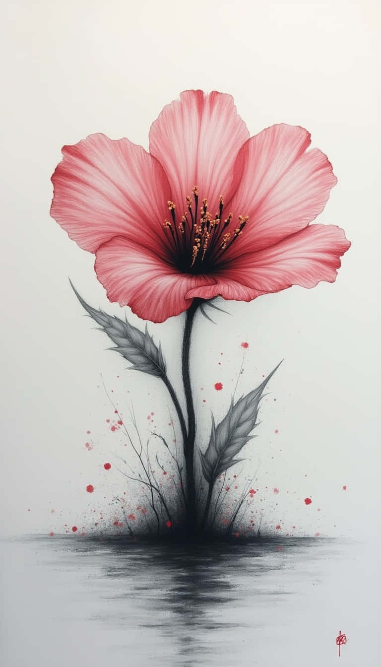 一朵粉紅色罌粟花，帶有黑色墨水莖和紅色飛濺，從水中冒出。