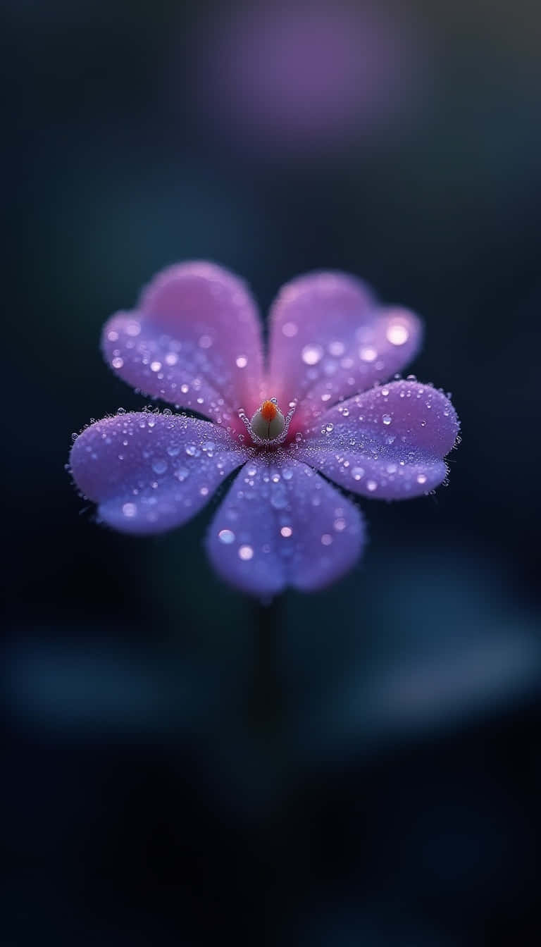 一朵紫色花朵，水滴在柔和光線中閃耀。