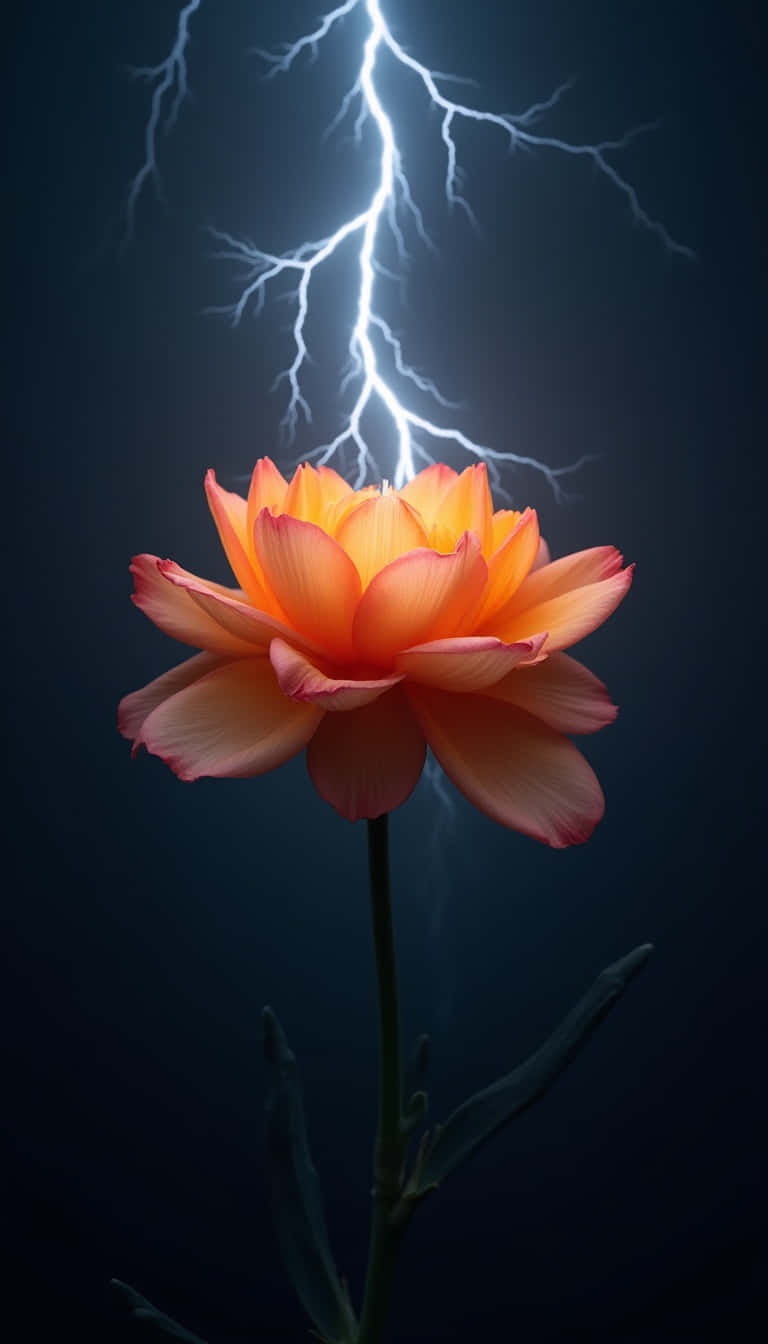 一朵橙色玫瑰在黑暗背景下被一道引人注目的閃電照亮。