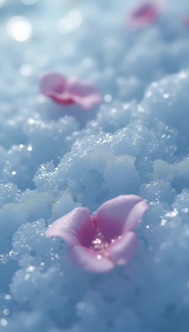 藍色雪地上的粉紅色花瓣，在明亮陽光下。