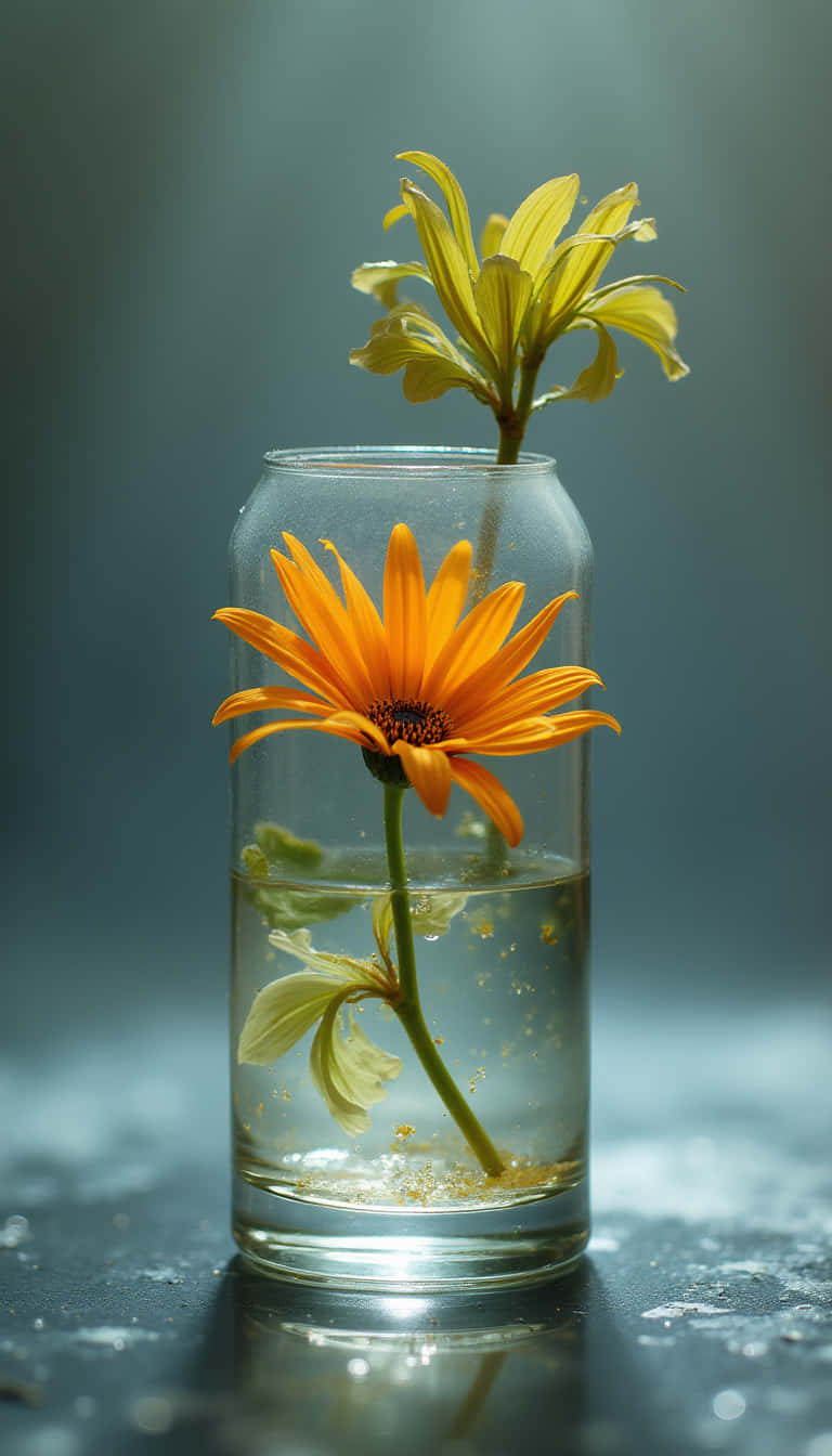 花 壁紙 — 一朵鮮豔的橙色雛菊和淡黃色百合花在一個裝滿水的透明玻璃花瓶裡，襯托著清涼的灰色背景。