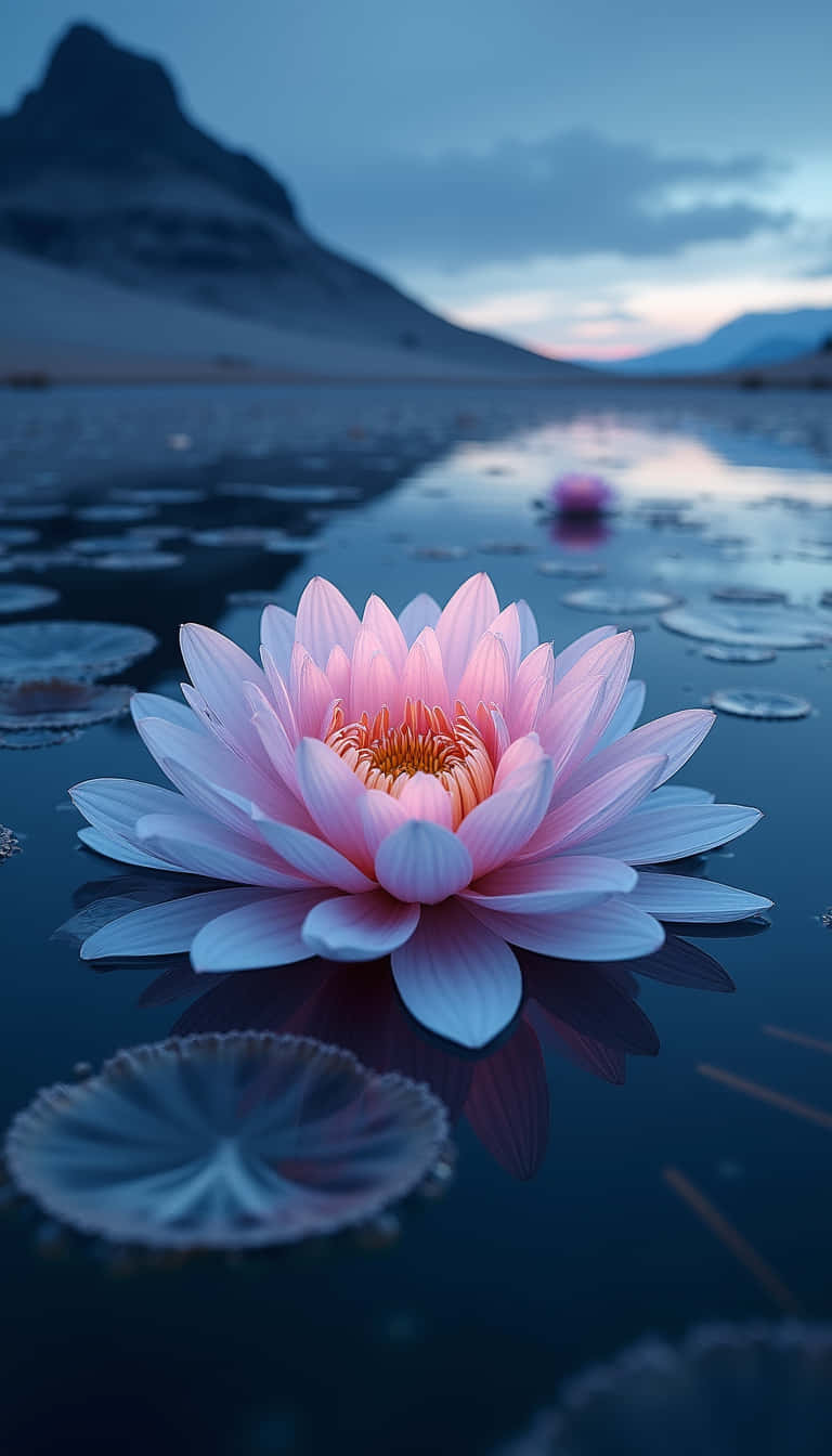 花 壁紙 — 一朵嬌嫩的粉紅睡蓮在平靜的水面上盛開，暮色天空下映襯著山的輪廓。