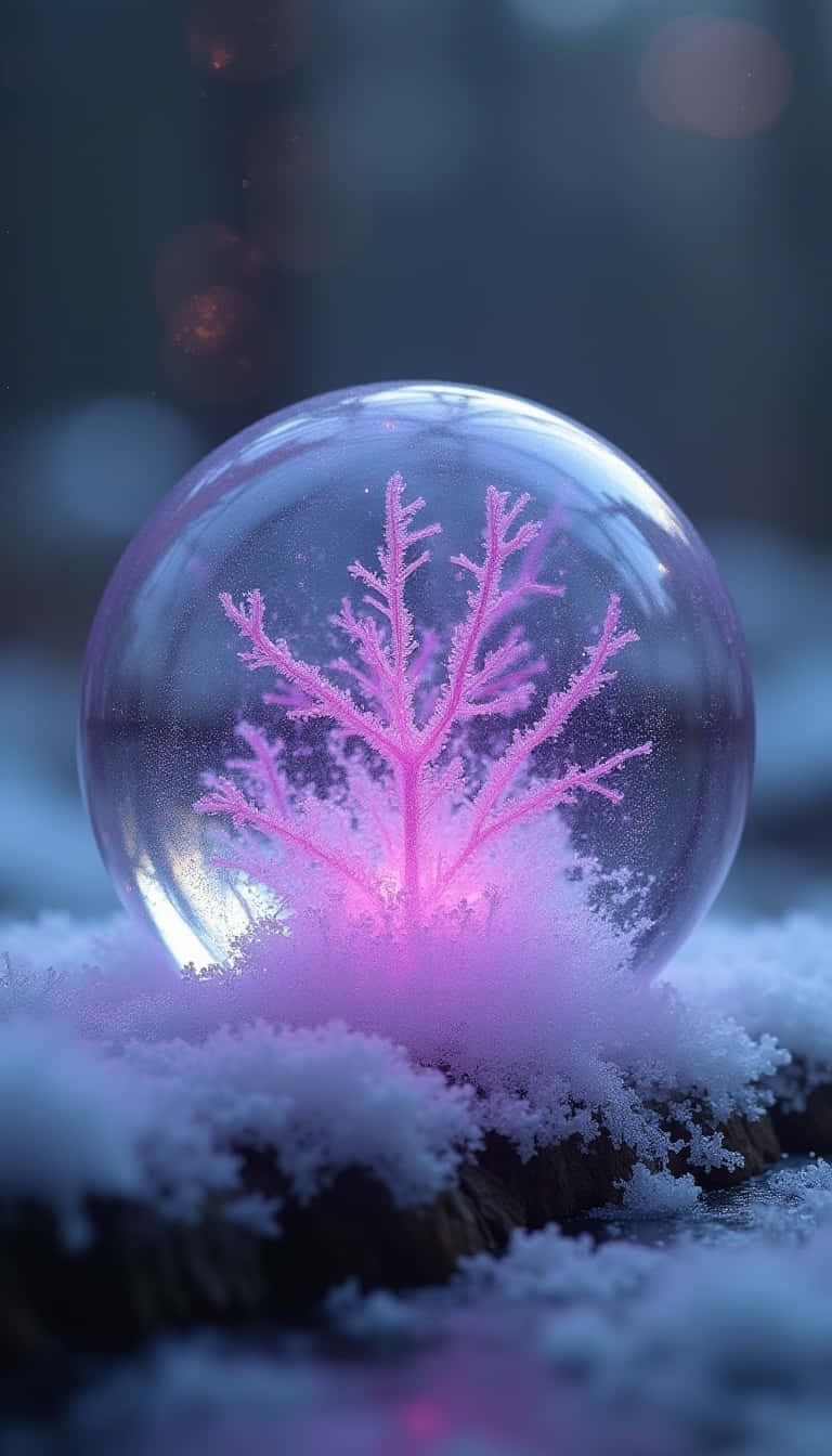 一個裝有發光粉紅色珊瑚的玻璃球放在雪地上