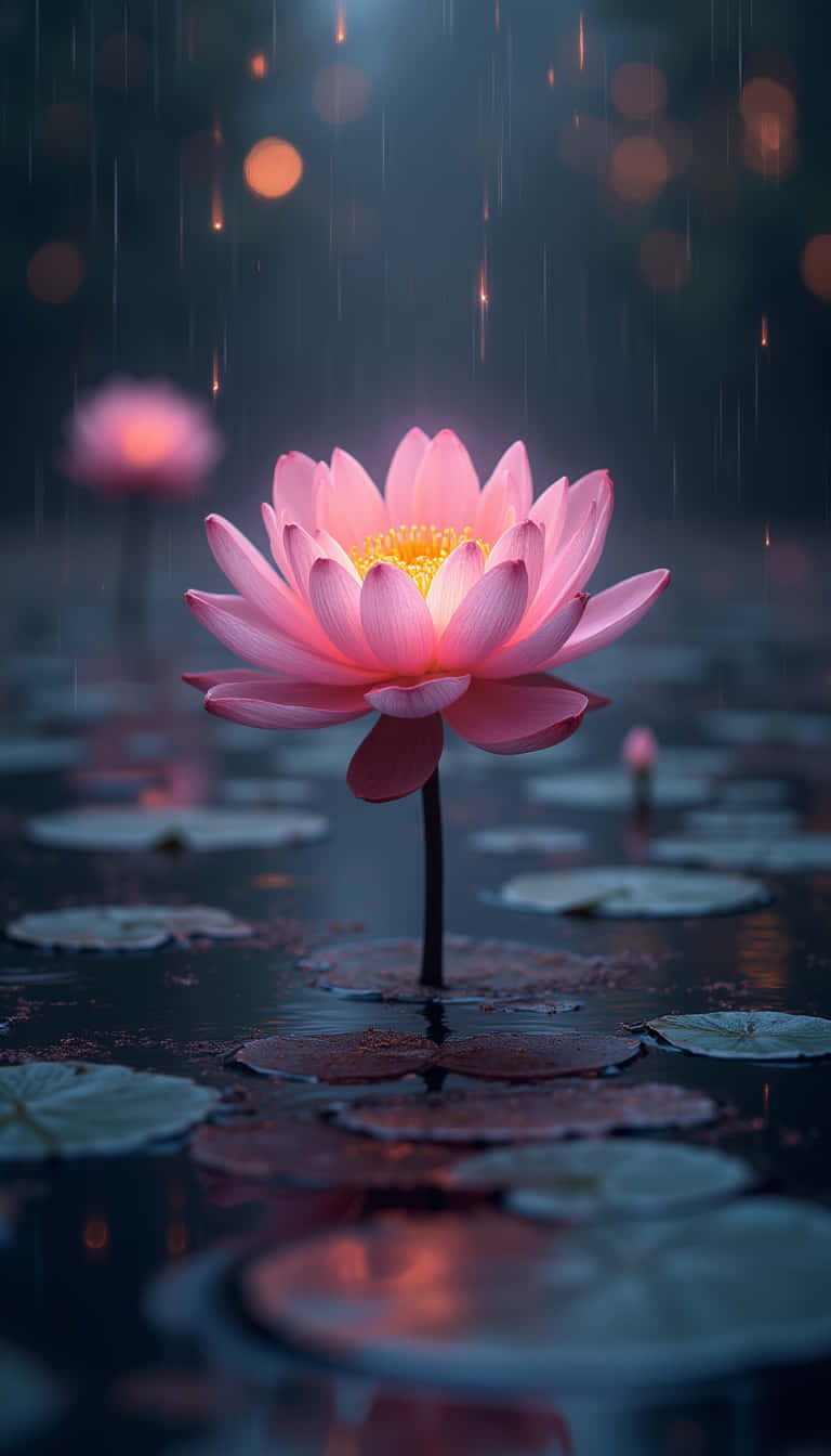花 壁紙 — 一朵發光的粉紅蓮花在雨中盛開，溫暖的散景燈光映照在黑暗的池塘上，伴隨著睡蓮葉。