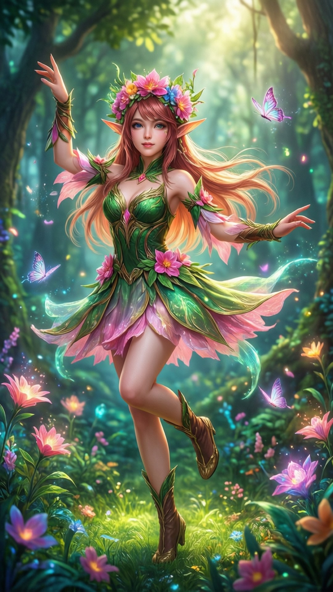 一位頭戴花冠、身穿葉裙的精靈，在陽光明媚的森林中，在發光的花朵和蝴蝶之間起舞。