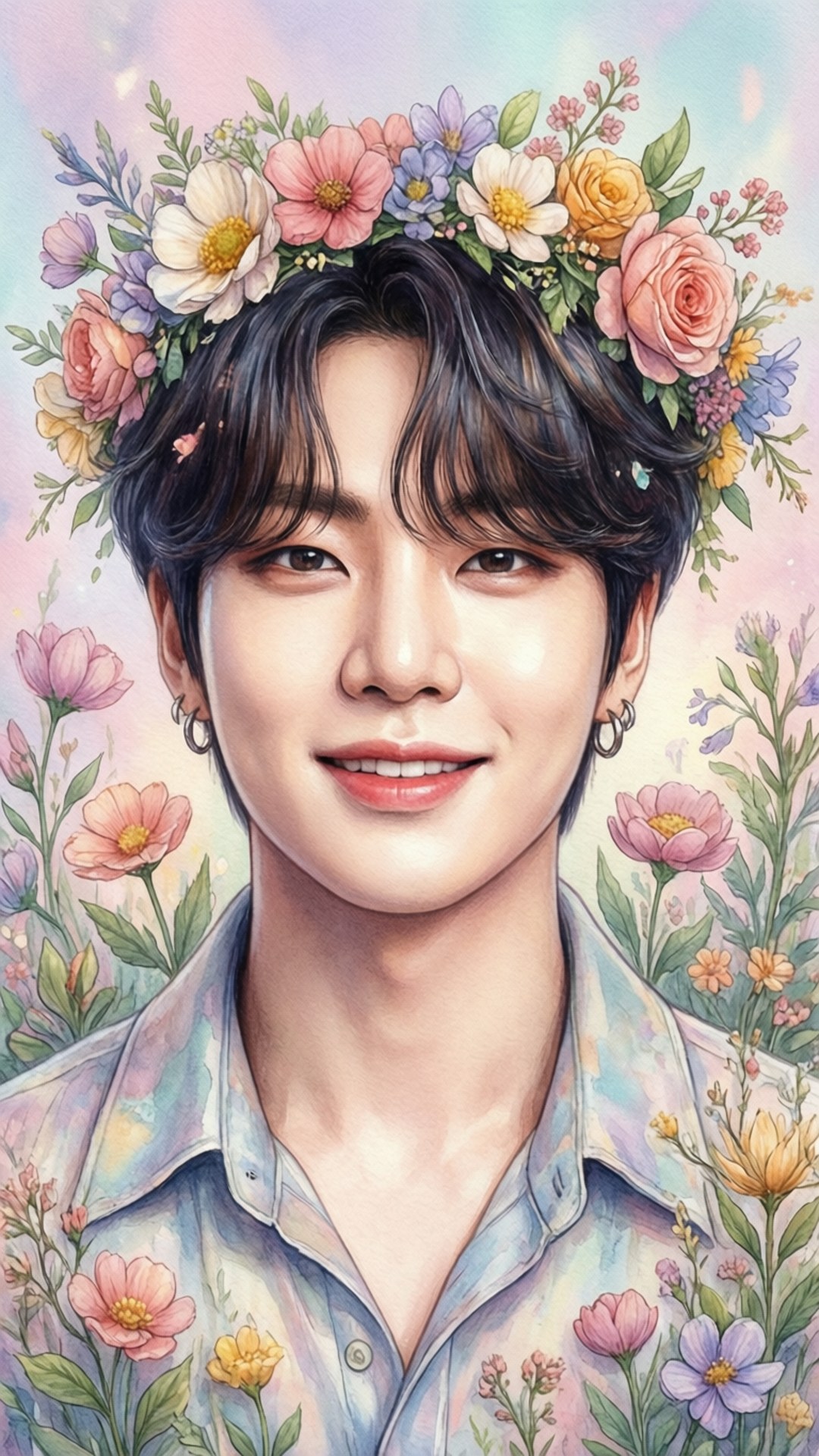 Jimin 戴著花冠的水彩風格