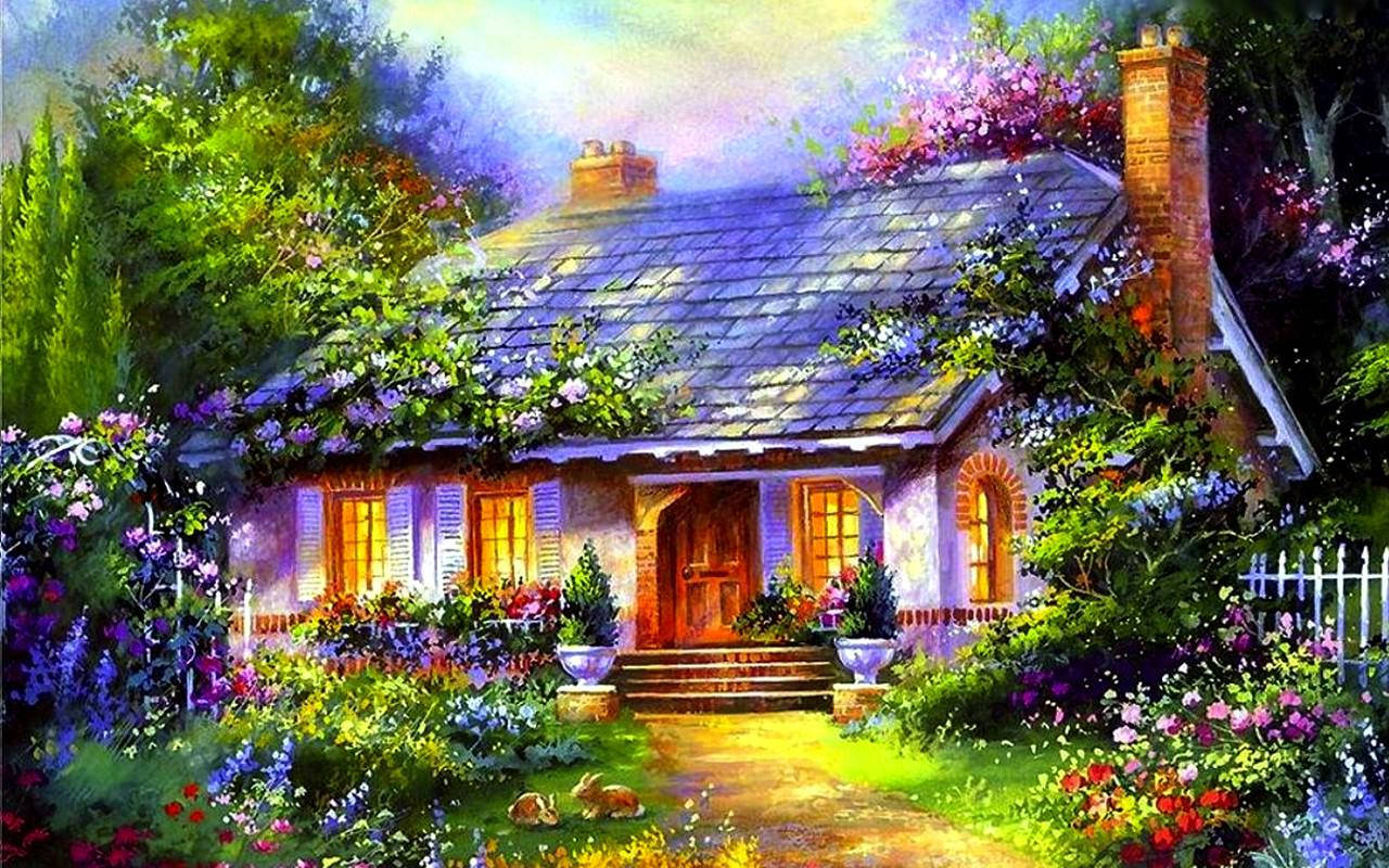 花卉主題「家是甜蜜的家」 壁紙 — 一間舒適的小屋坐落在一個充滿活力的花園中，花園裡盛開著鮮花，窗戶在柔和的暮色下散發著溫暖的光芒。