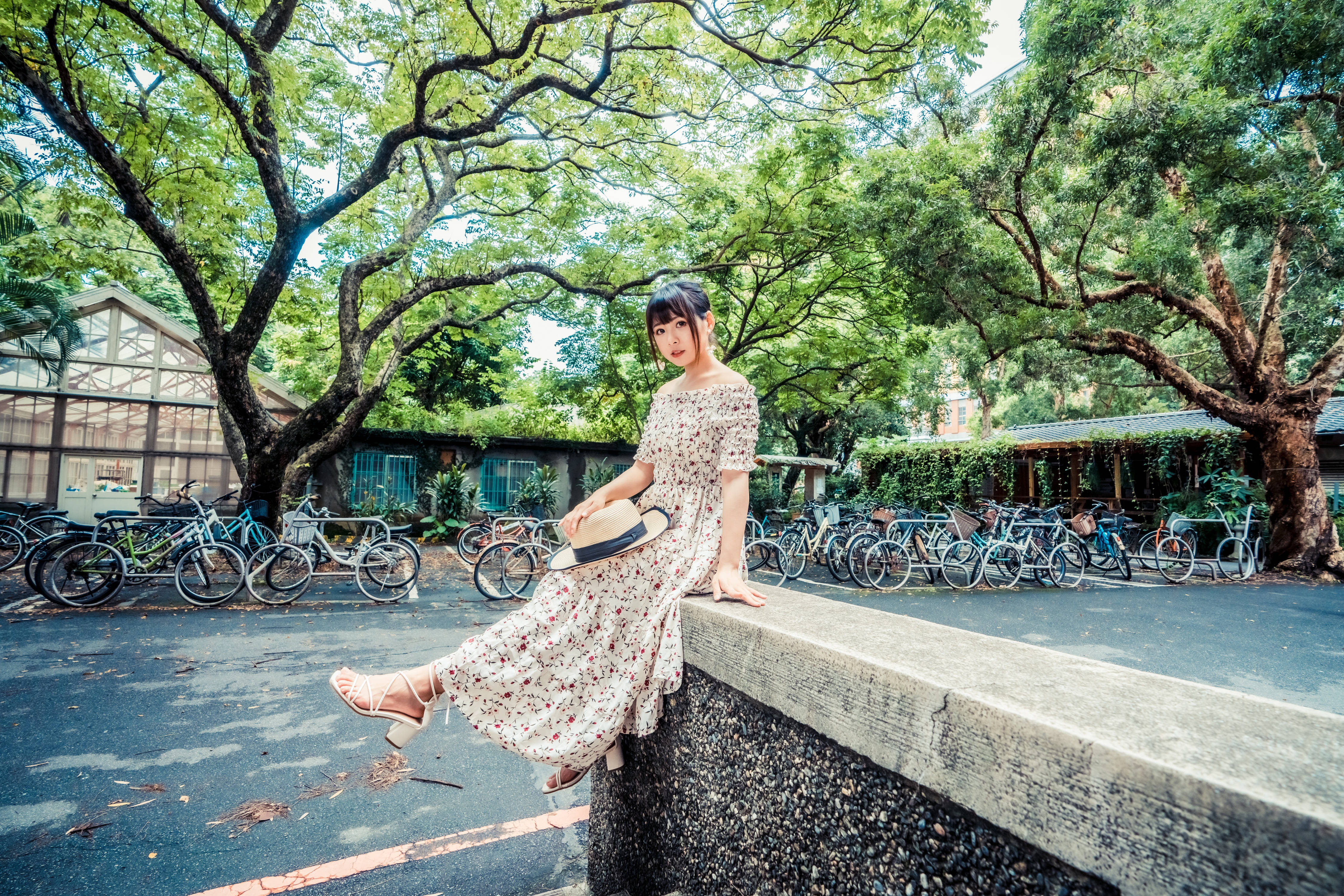 花卉印花泡泡袖連衣裙 壁紙 — 一位穿著花卉連衣裙的年輕女士優雅地坐在石頭邊緣上，上方是茂密的綠樹樹冠，附近停著自行車。