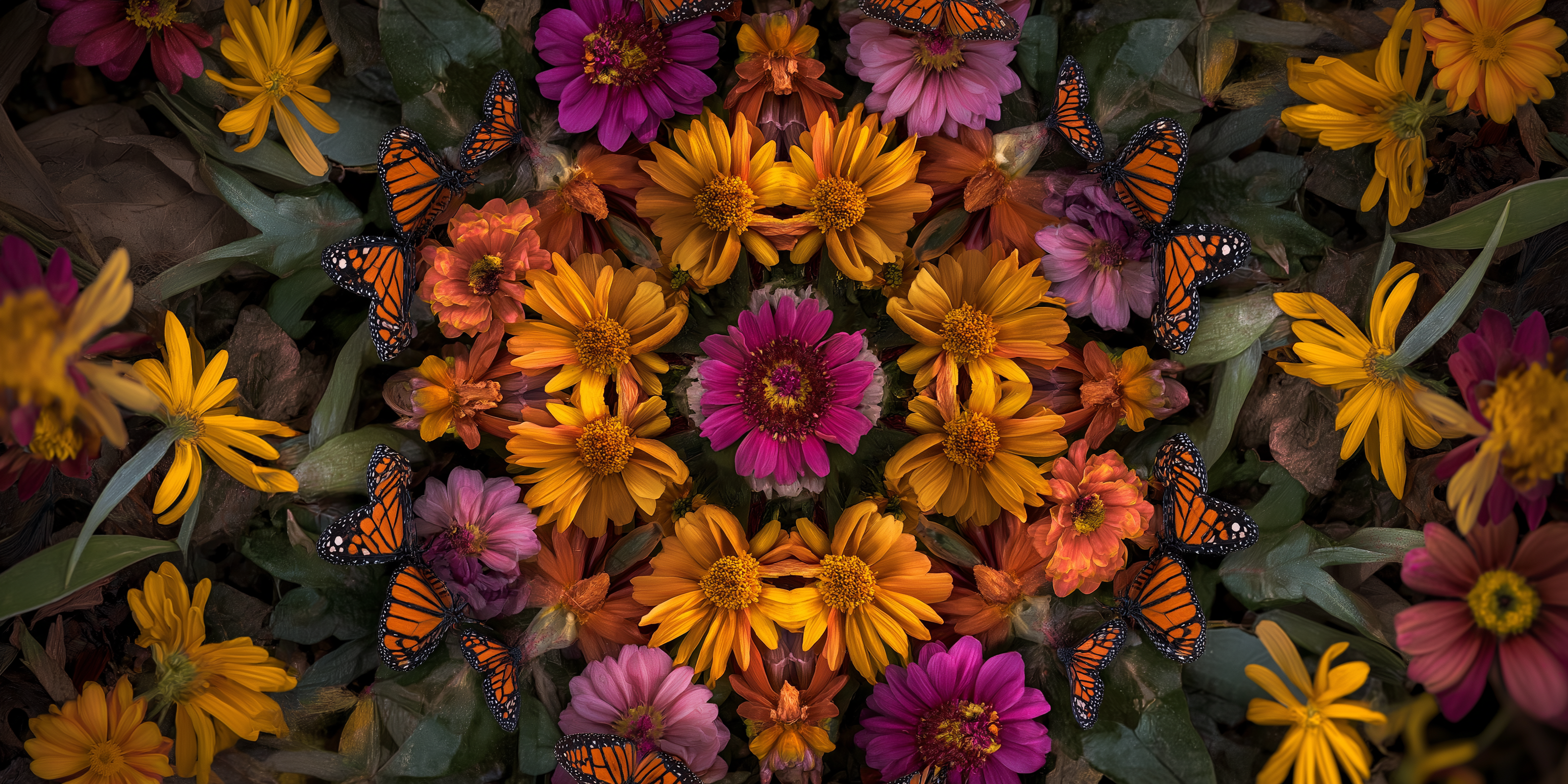 花卉園林萬花筒 壁紙 — 鮮豔的橙色、粉紅色和黃色百日菊在深綠色葉子間密集綻放，帝王蝶停留在花瓣上。