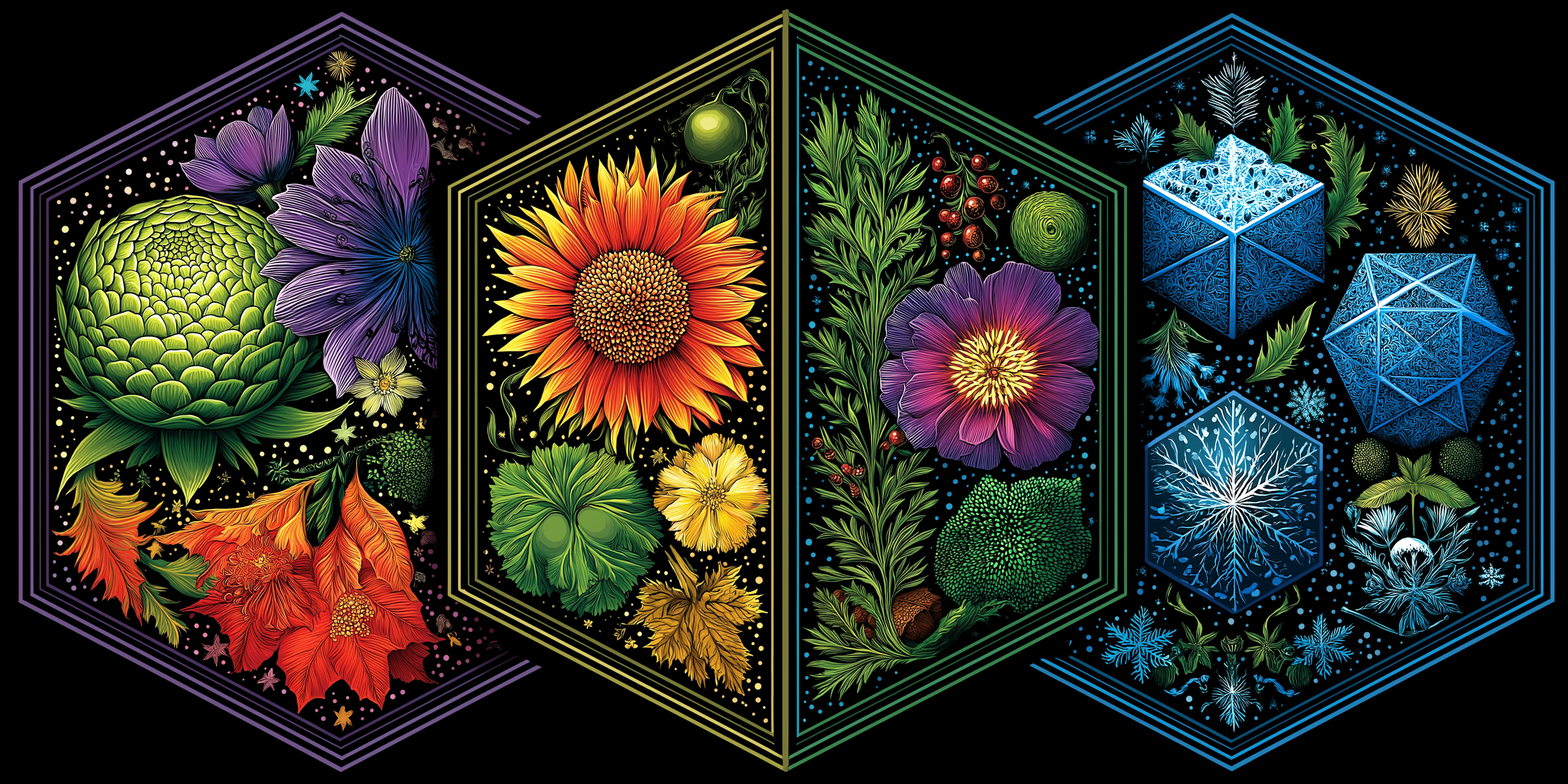 花卉園林萬花筒 壁紙 — 四個六角形面板在星空黑色背景上展示充滿活力的植物和幾何晶體。