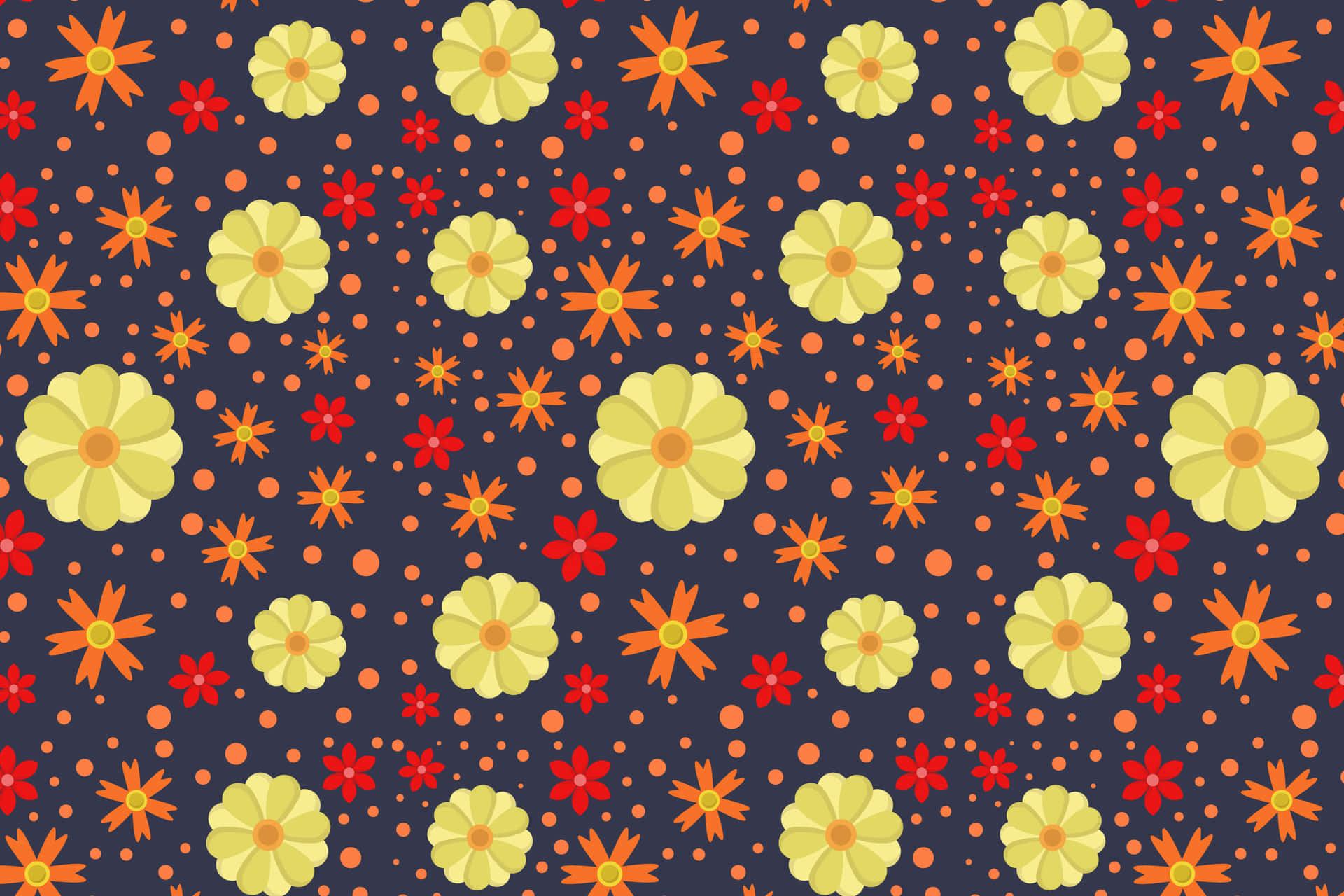 復古花卉壁紙，在深藍色背景上呈現黃色、紅色和橙色花朵