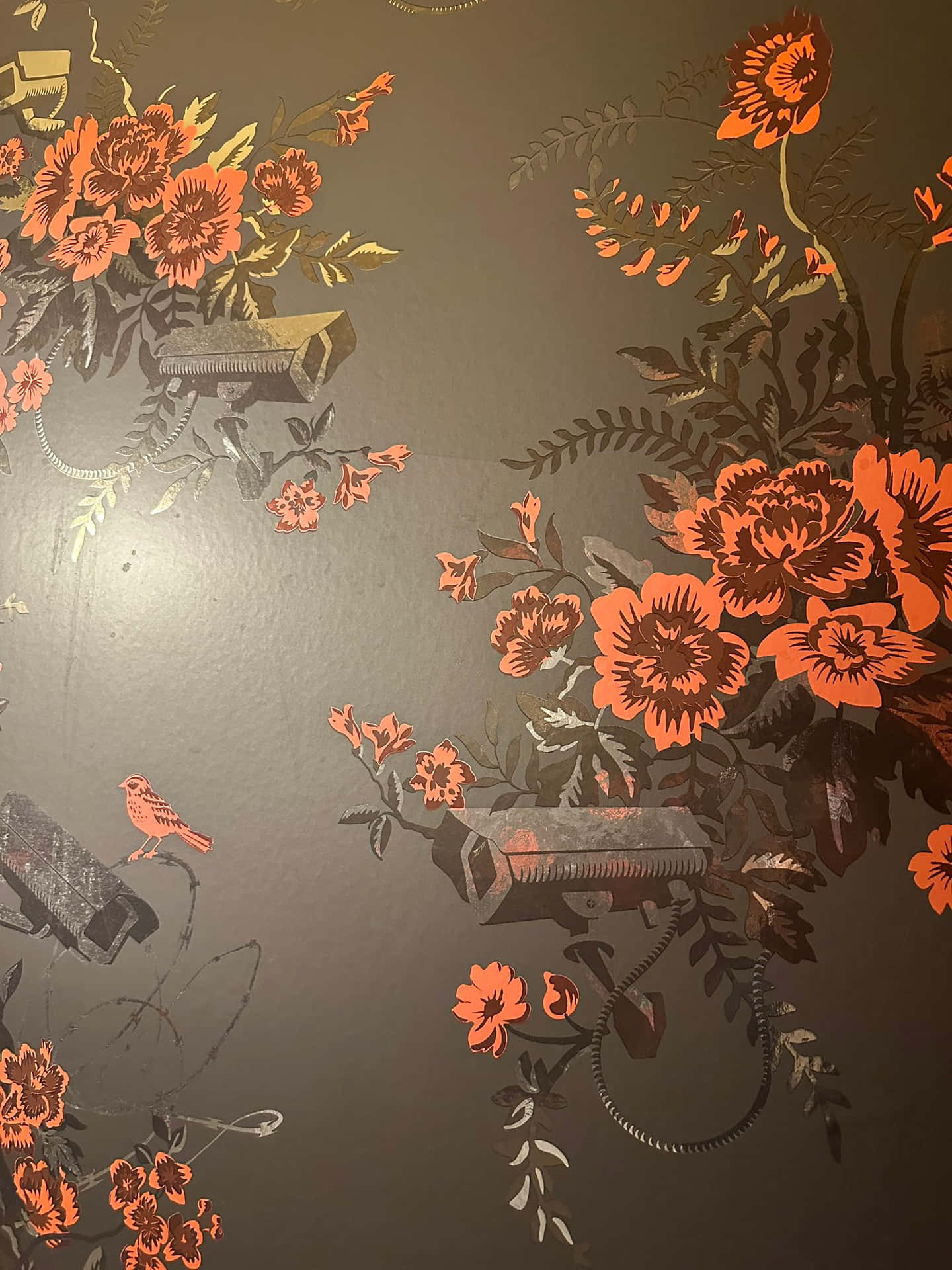 花卉圖案牆面的監控攝影機數位藝術 壁紙 — 深灰色背景上帶有金色點綴和小鳥的鮮豔橙色花卉壁紙。