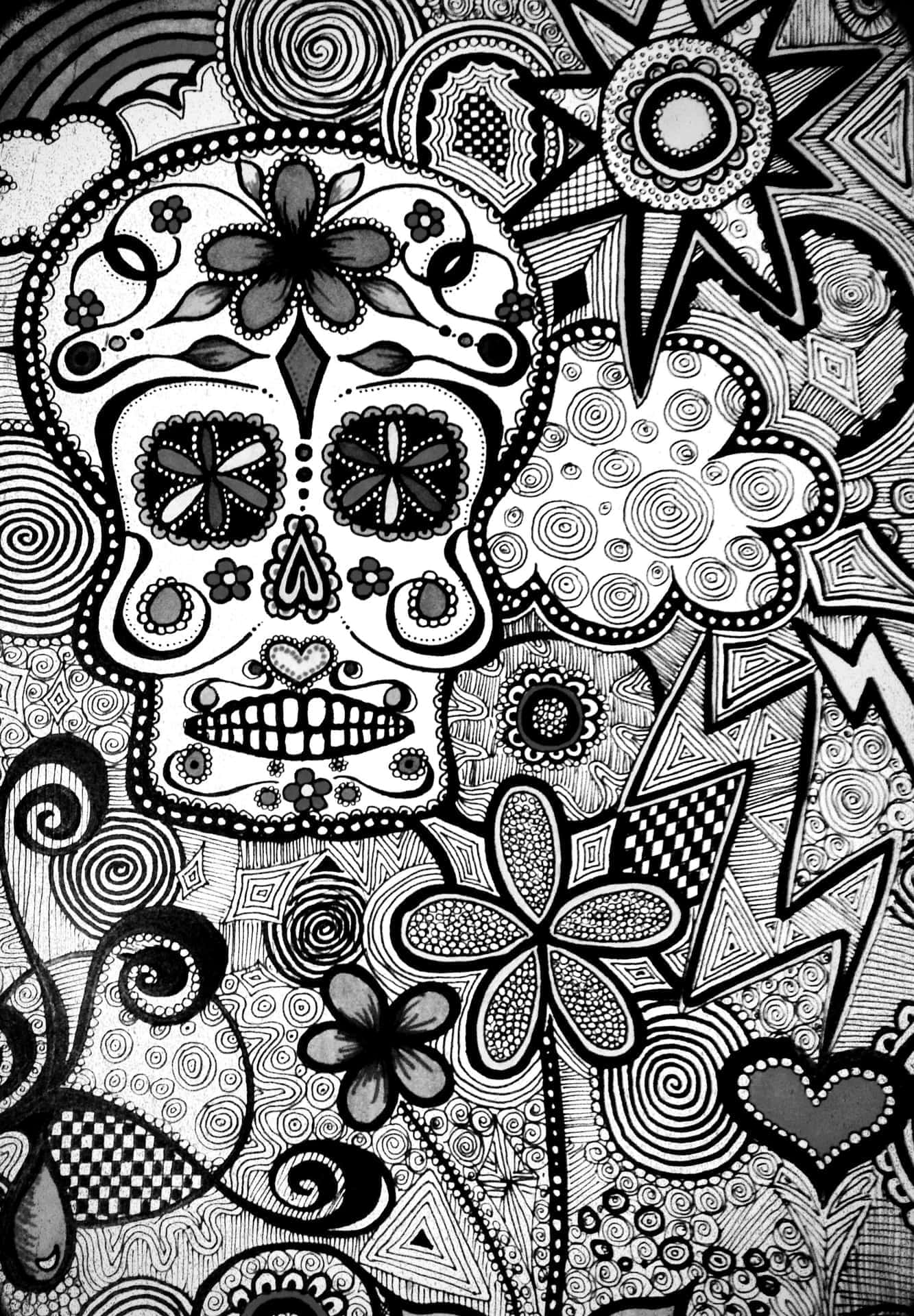 花卉圖案糖骷髏設計 壁紙 — 一個詳細的黑白插圖，描繪了一個裝飾性的糖骷髏，周圍環繞著複雜的花卉和幾何圖案。