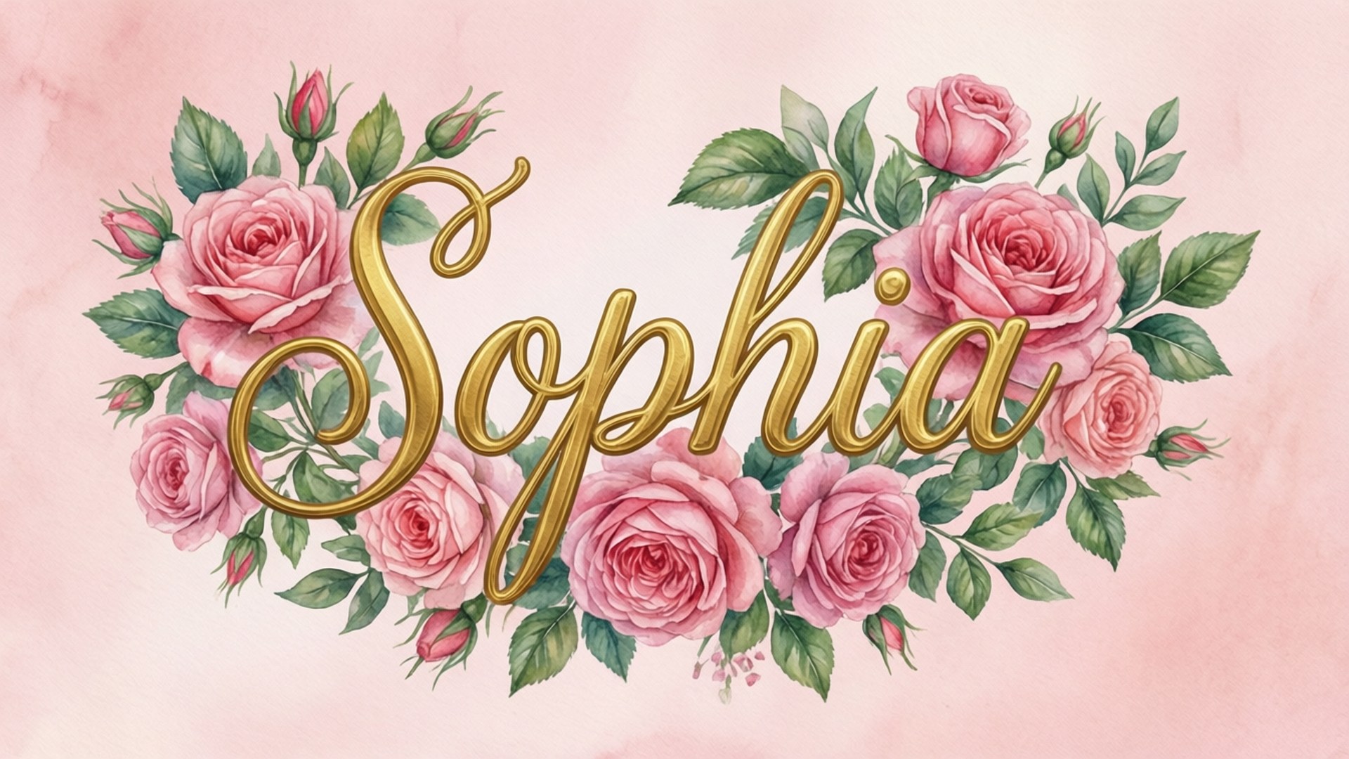 金色草書名字Sophia，被粉紅玫瑰和綠葉環繞，置於柔和粉紅背景上。