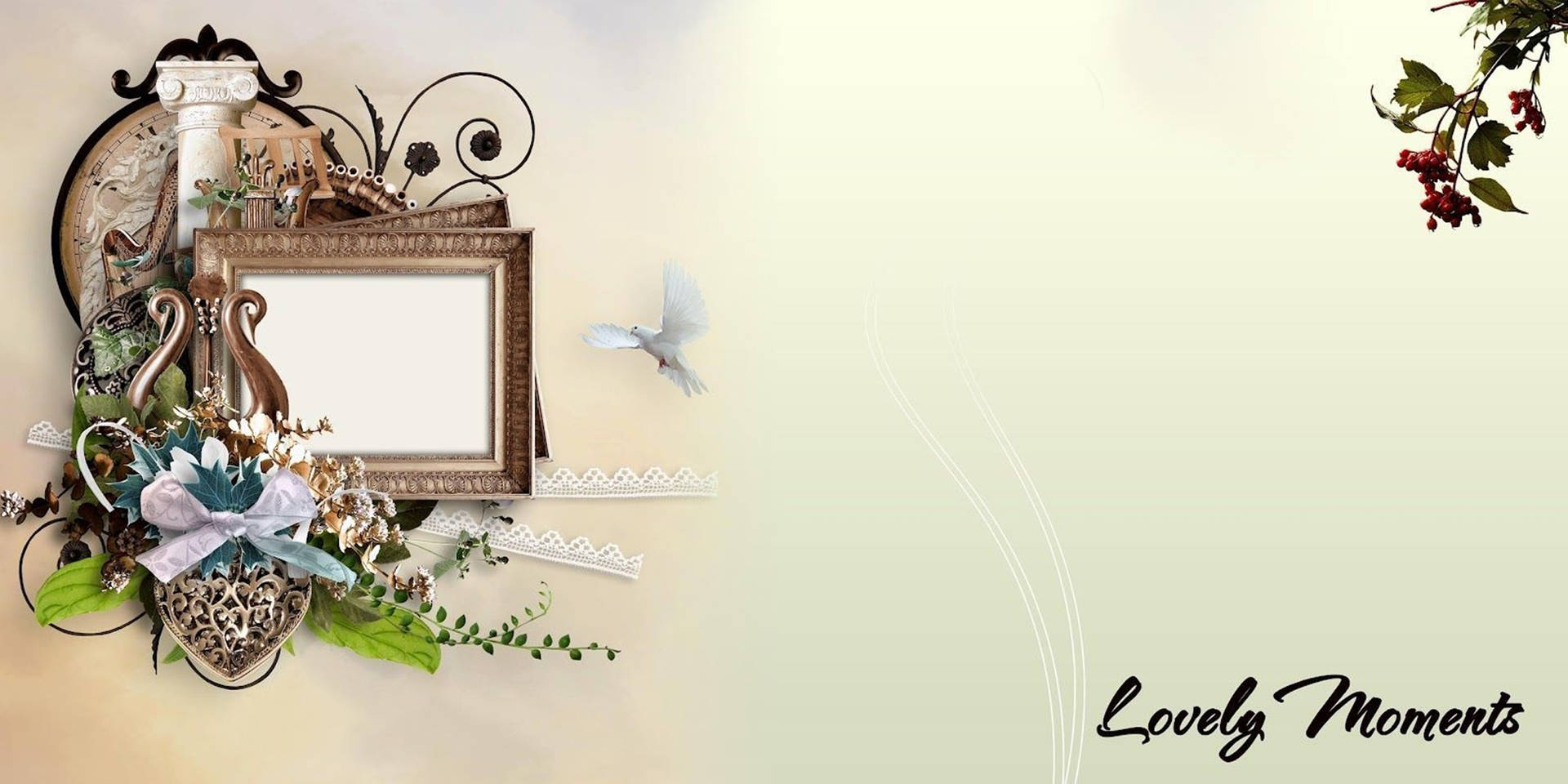復古相框，以花朵和鴿子裝飾，奶油色背景，附有 'Lovely Moments' 文字。