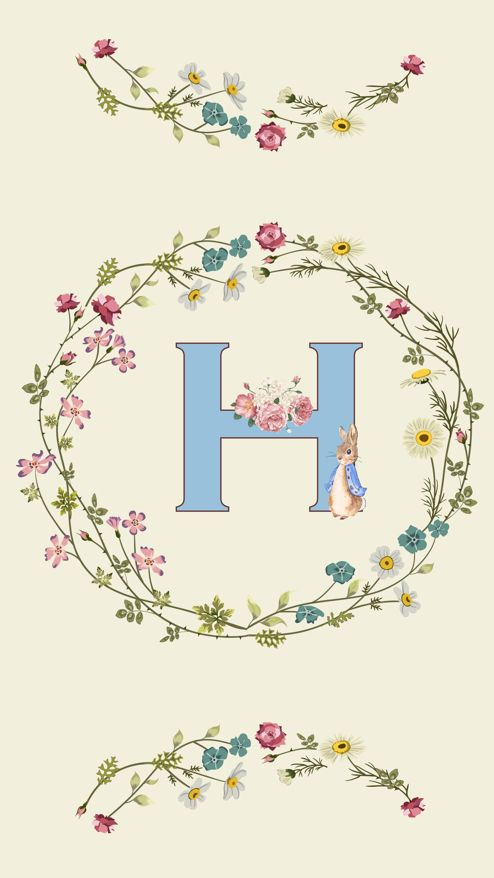 花卉字母H 壁紙 — 一個復古風格的字母H，飾有花環和小兔子插圖，背景為柔和的奶油色。