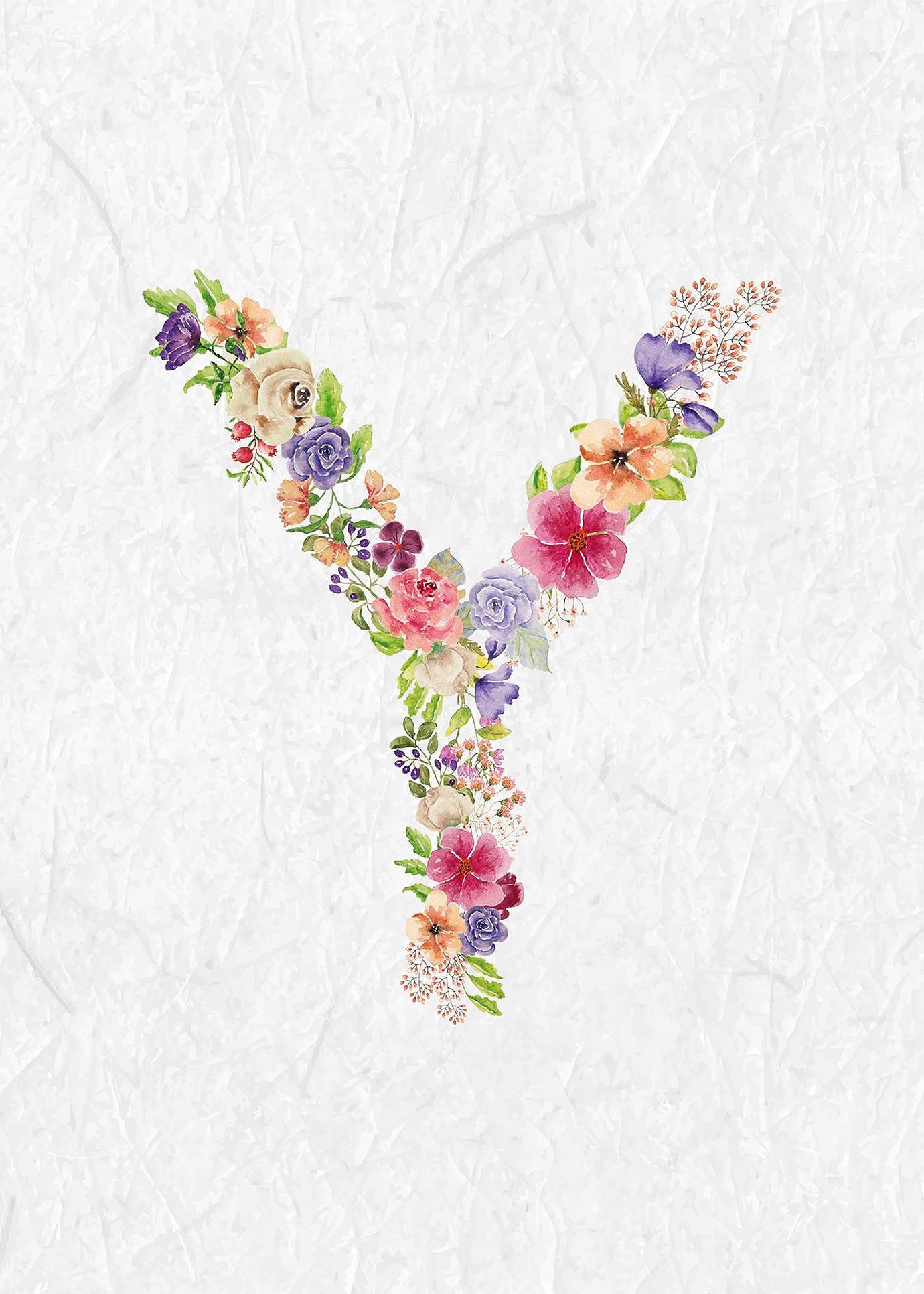 花卉字母Y 壁紙 — 一個充滿活力的水彩字母Y，點綴著各種花卉和綠色植物，位於有紋理的白色紙張上。